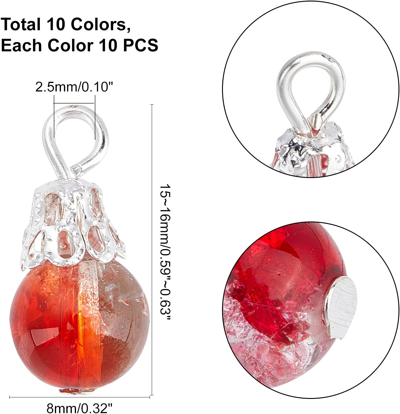 100pcs Crystal Dangle Charms, Crackle Glass Drop Beads Charms 10 Color Dangle Bead with Silver Bead Cap Drops Beads Charms Pendants for Jewelry Making Necklace Earring