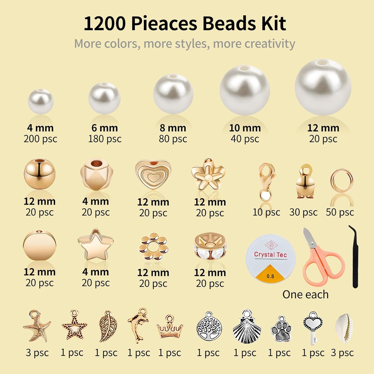 1200 Pcs Pearl Beads and Gold Spacer Beads Set for Jewelry Bracelet Making Kit with String and Charms for Adults DIY Art and Craft for Girls Friendship Bracelet for Necklace and Earring Supplies