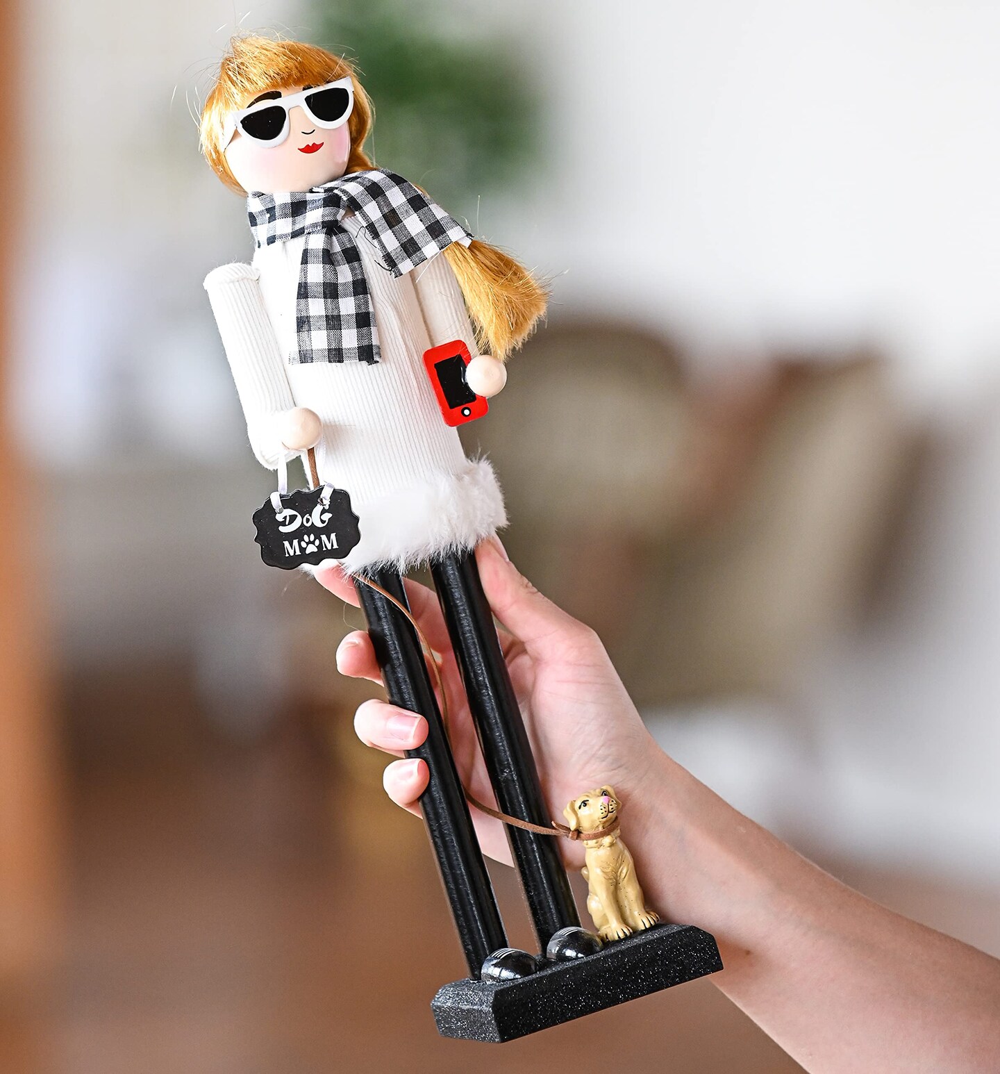 Ornativity Christmas Dog Mom Nutcracker – White and Black Wooden Nutcracker Woman with Dog on Leash and a Smartphone in Hand Xmas Themed Holiday Nut Cracker Doll Figure Decorations