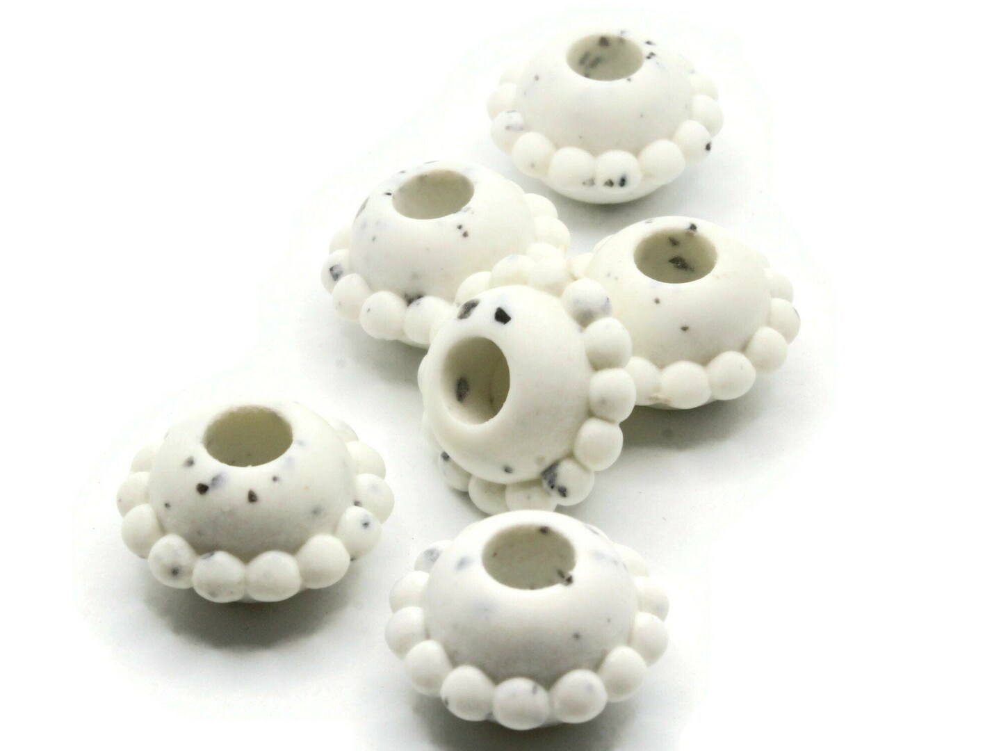 6 24mm x 15mm Large Hole White Speckled Rondelle Vintage Plastic Beads