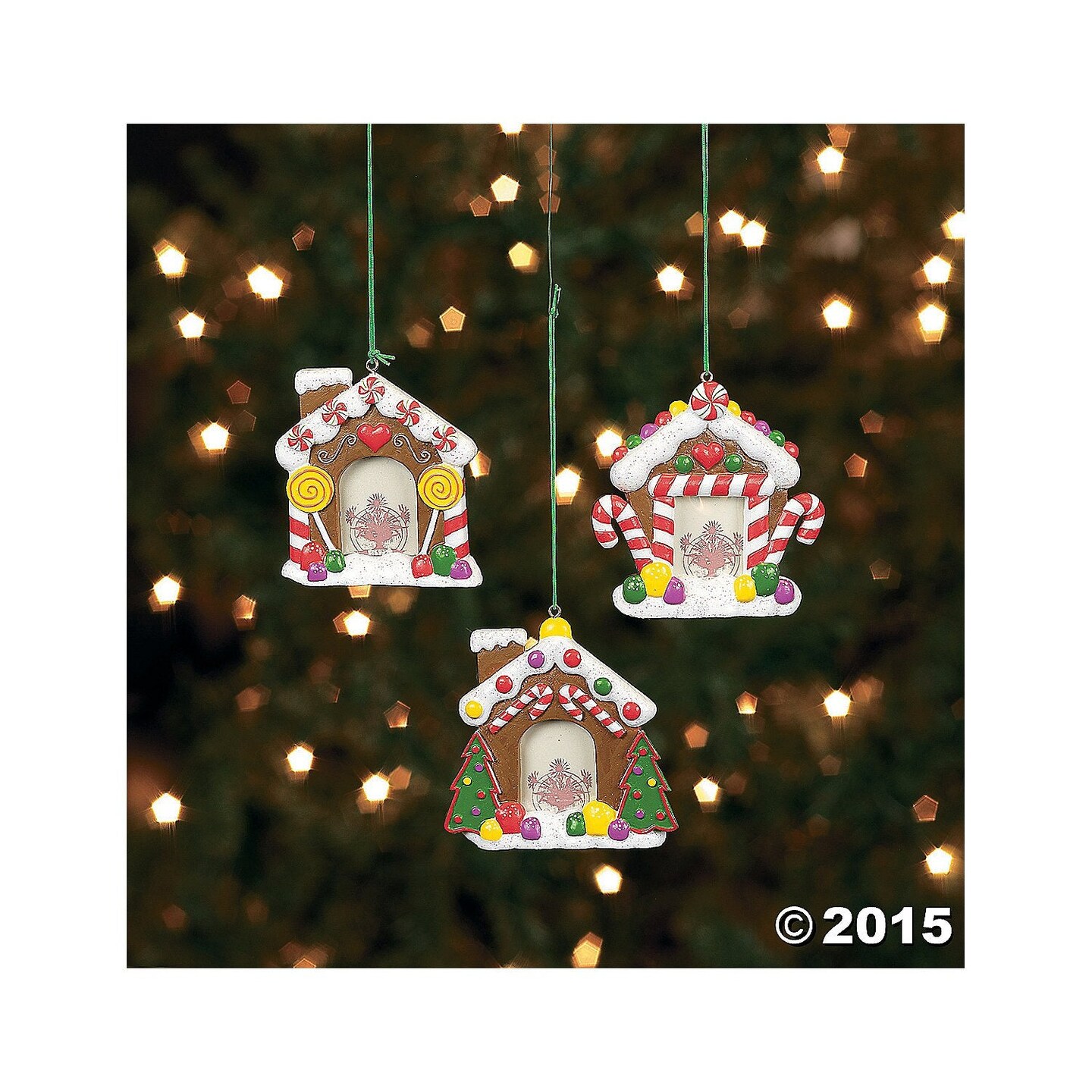 Fun Express Resin Gingerbread House Photo Frame Ornaments - 3 Pieces
