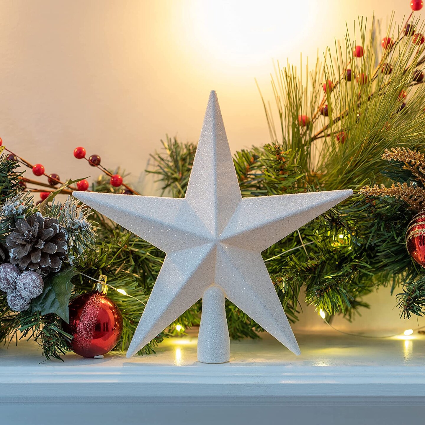 Ornativity Glitter Star Tree Topper - Christmas White Decorative Holiday Bethlehem Star Ornament