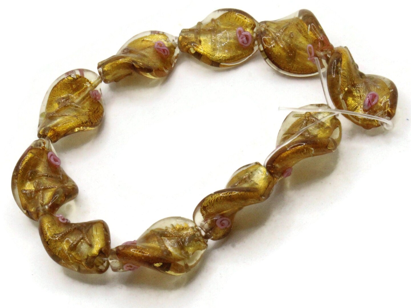 10 20mm Golden Yellow with Pink and Green Flower Lampwork Glass Flat Oval Twist Beads
