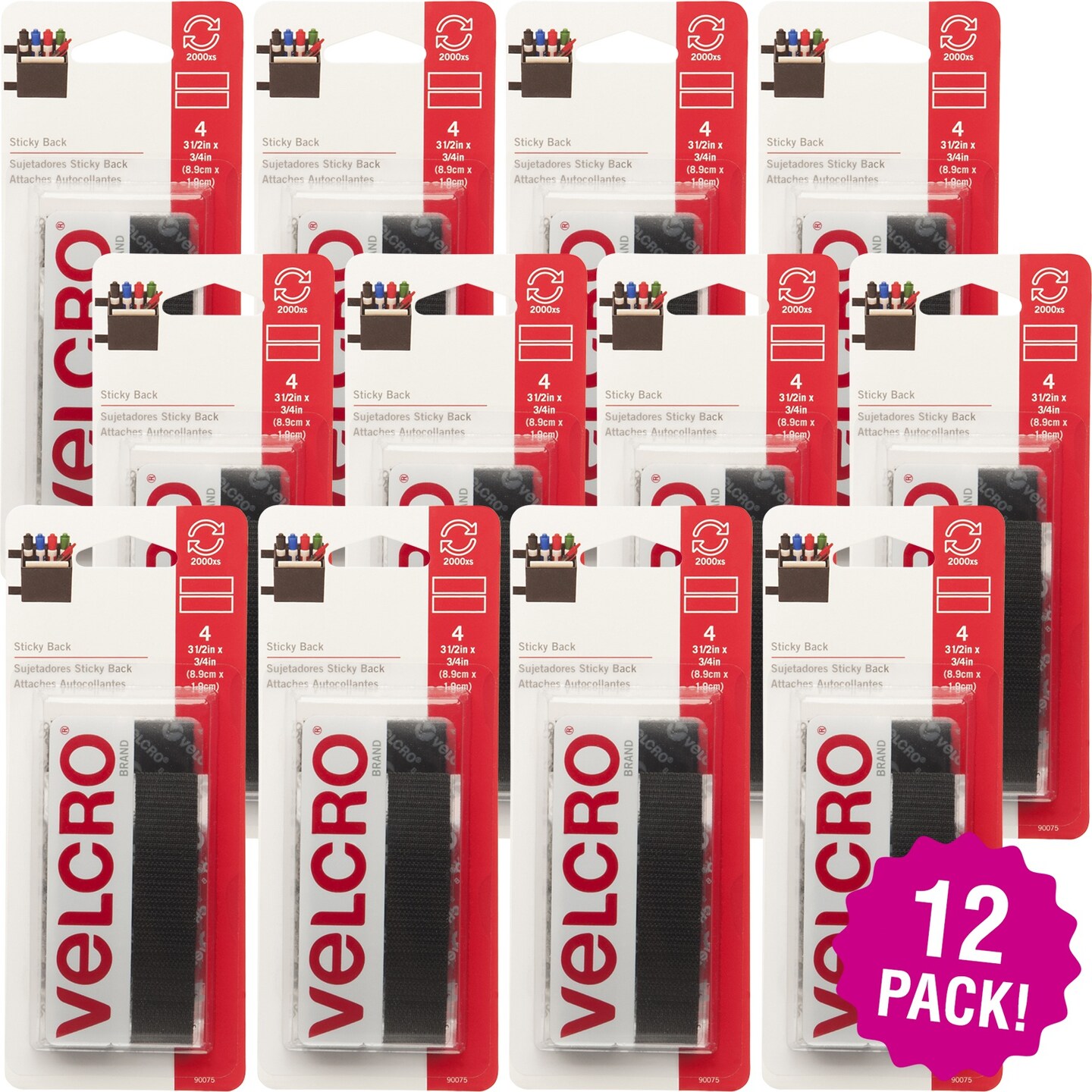 Multipack of 12 - VELCRO(R) Brand Sticky Back Tape .75"X3.5" 4/Pkg-Black
