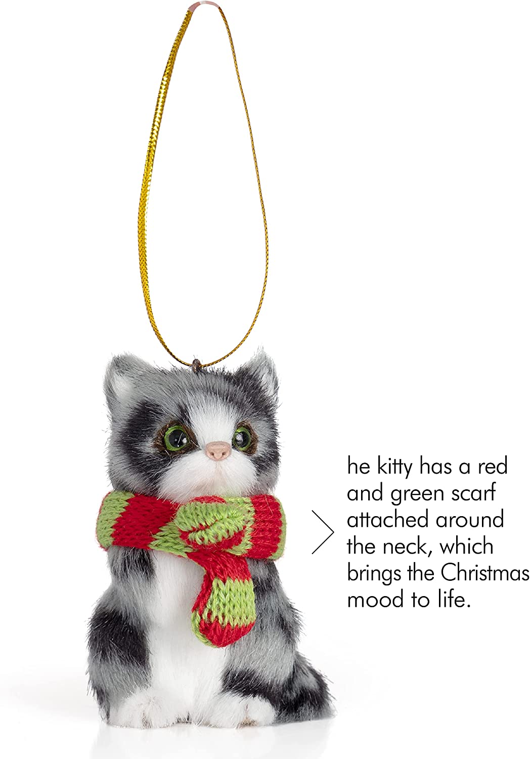 Ornativity Christmas Mini Cat Ornament - Furry Grey Kitten with Scarf Holiday Tree Hanging Decoration