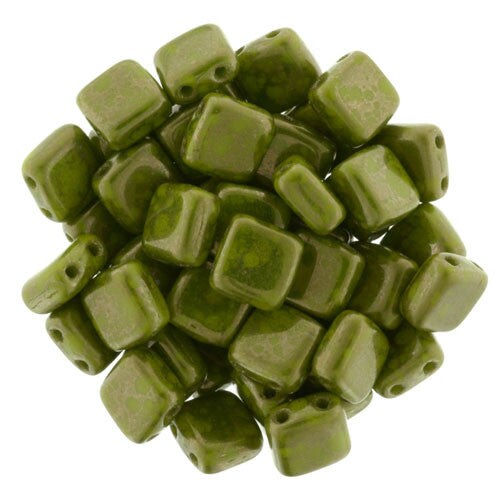 Czechmate 6mm Square Glass Czech Two Hole Tile Bead, Opaque Olive Moon Dust