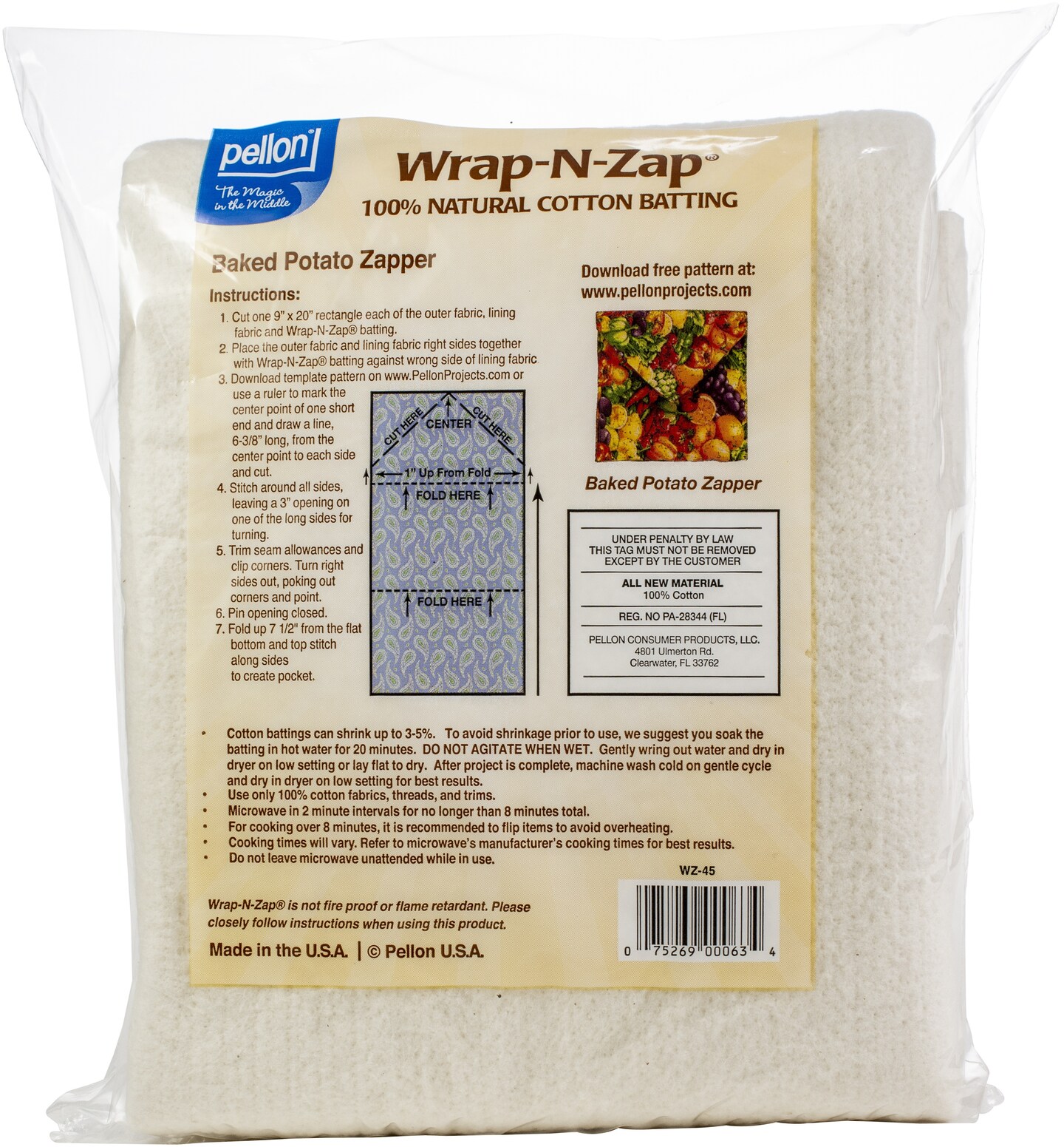 Multipack of 2 - Pellon Wrap-N-Zap 100% Natural Cotton Batting-45"X36"