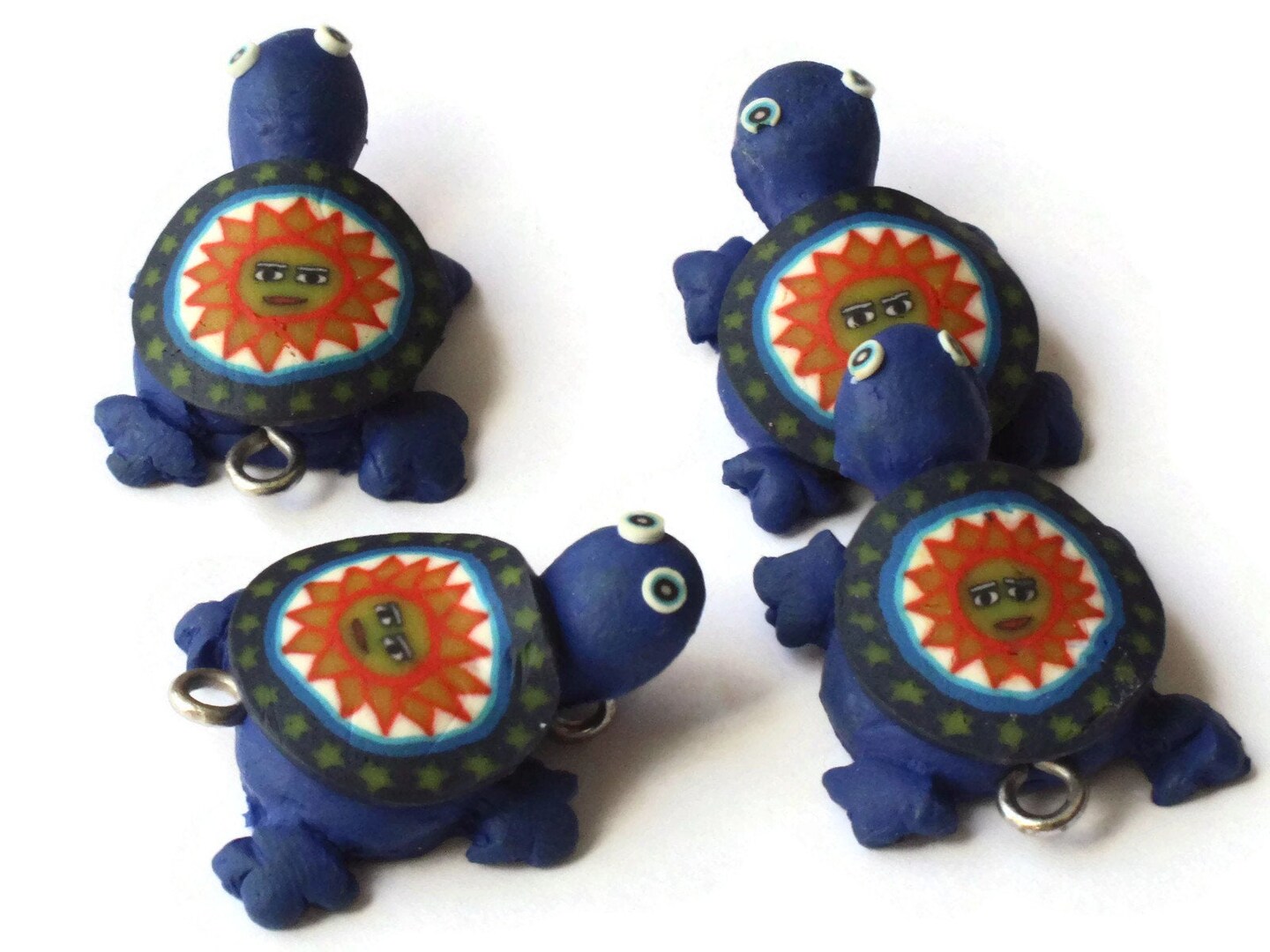 4 Blue Turtles with Sun on the Shell Turtle Charms Tortoise Links Polymer Clay Turtle Beads