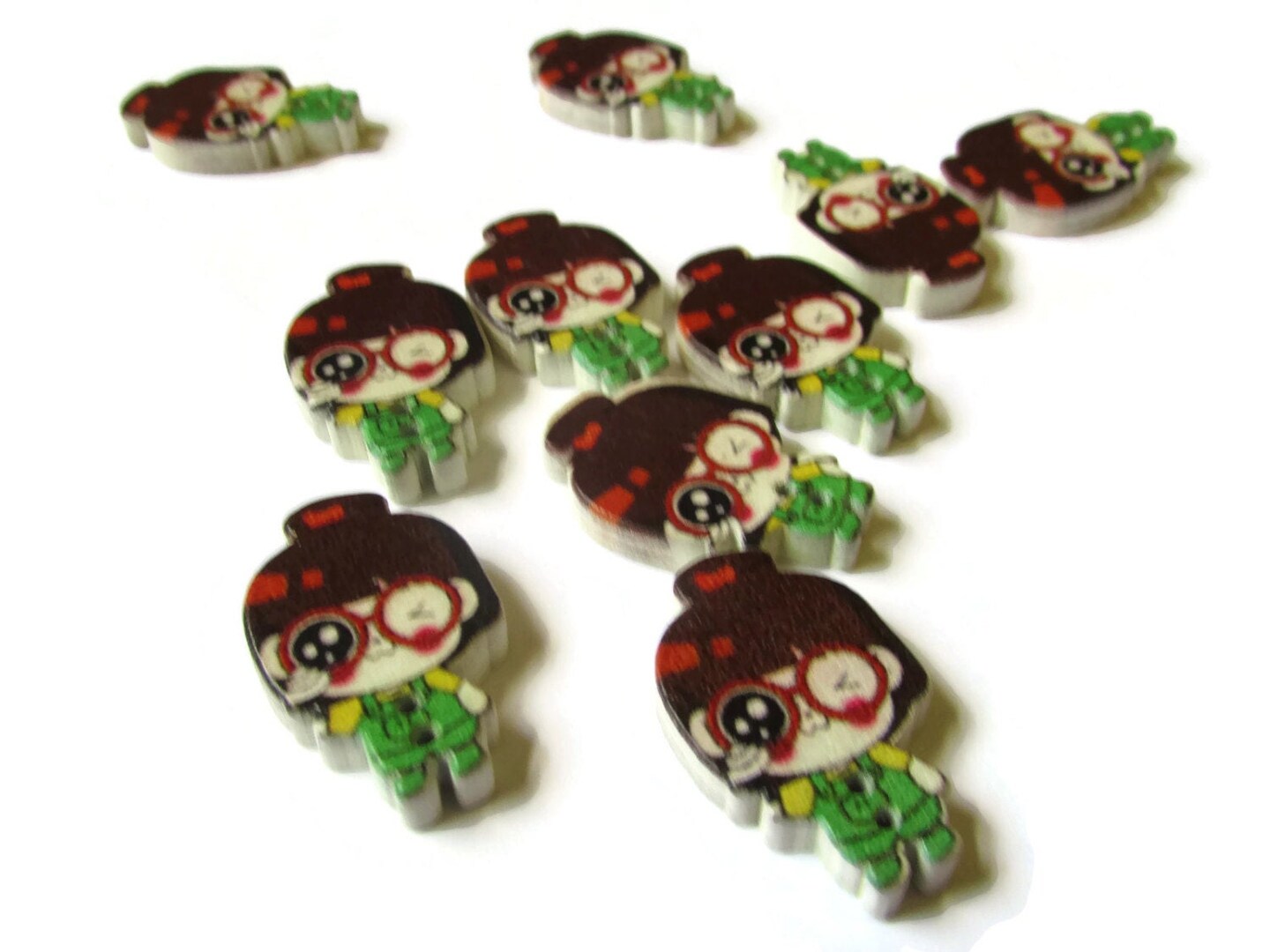 10 29mm Wooden Two Hole Buttons Brown Haired Girl with Green Overalls
