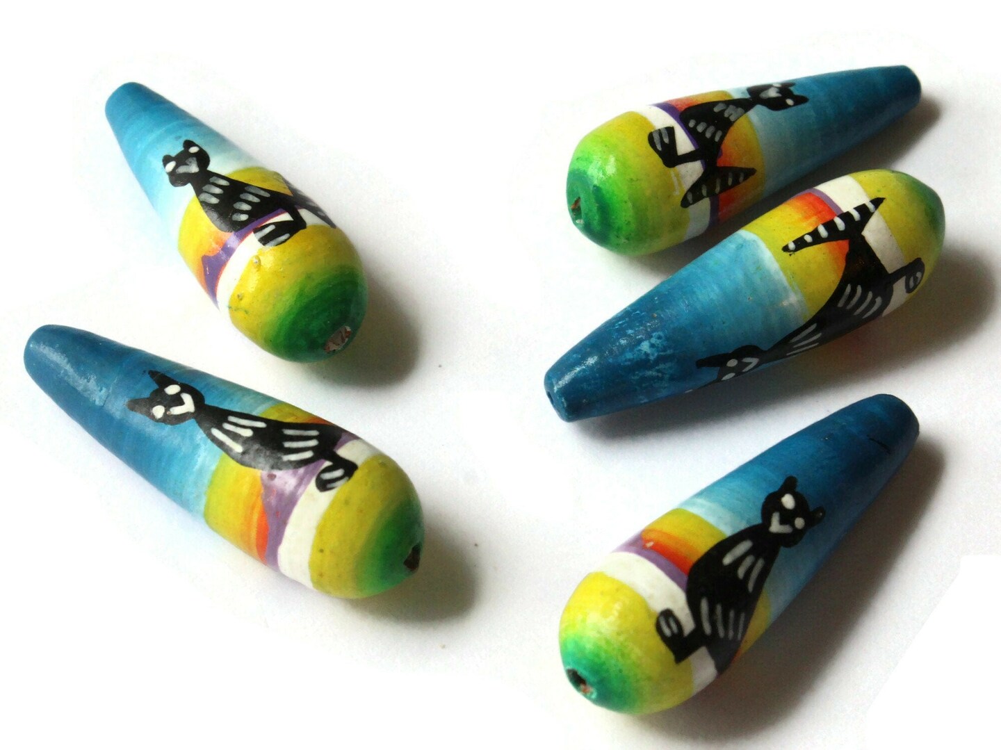 5 32mm Vintage Painted Peruvian Clay Beads - Multicolor Teardrop Bird Beads