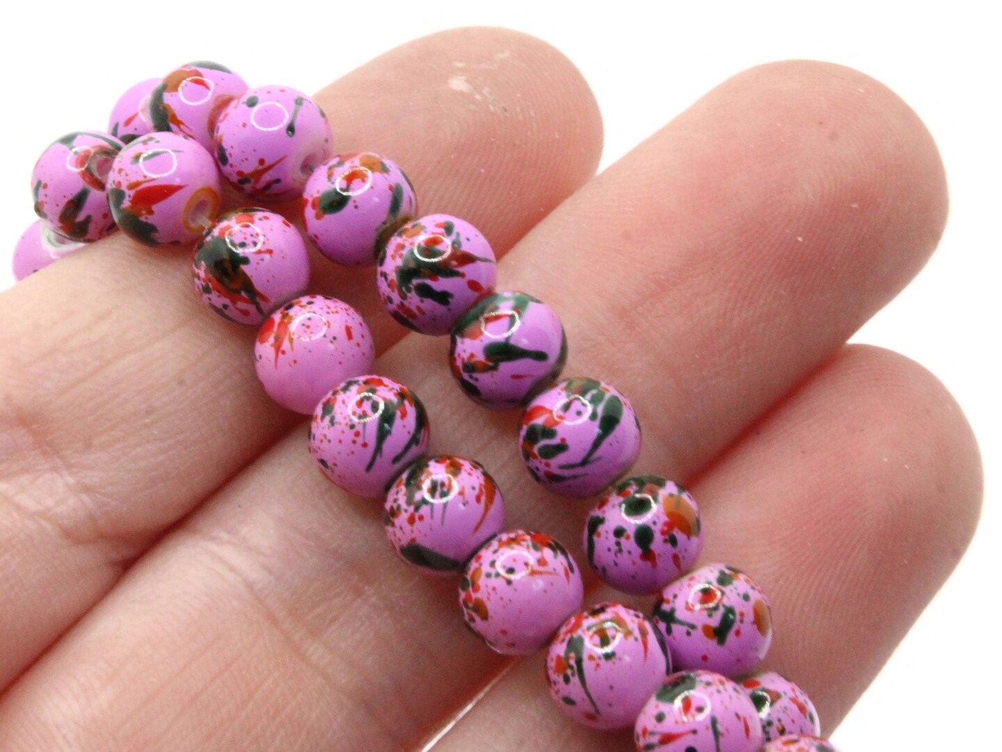 68 6mm Pink with Red and Green Splatter Paint Smooth Round Glass Beads