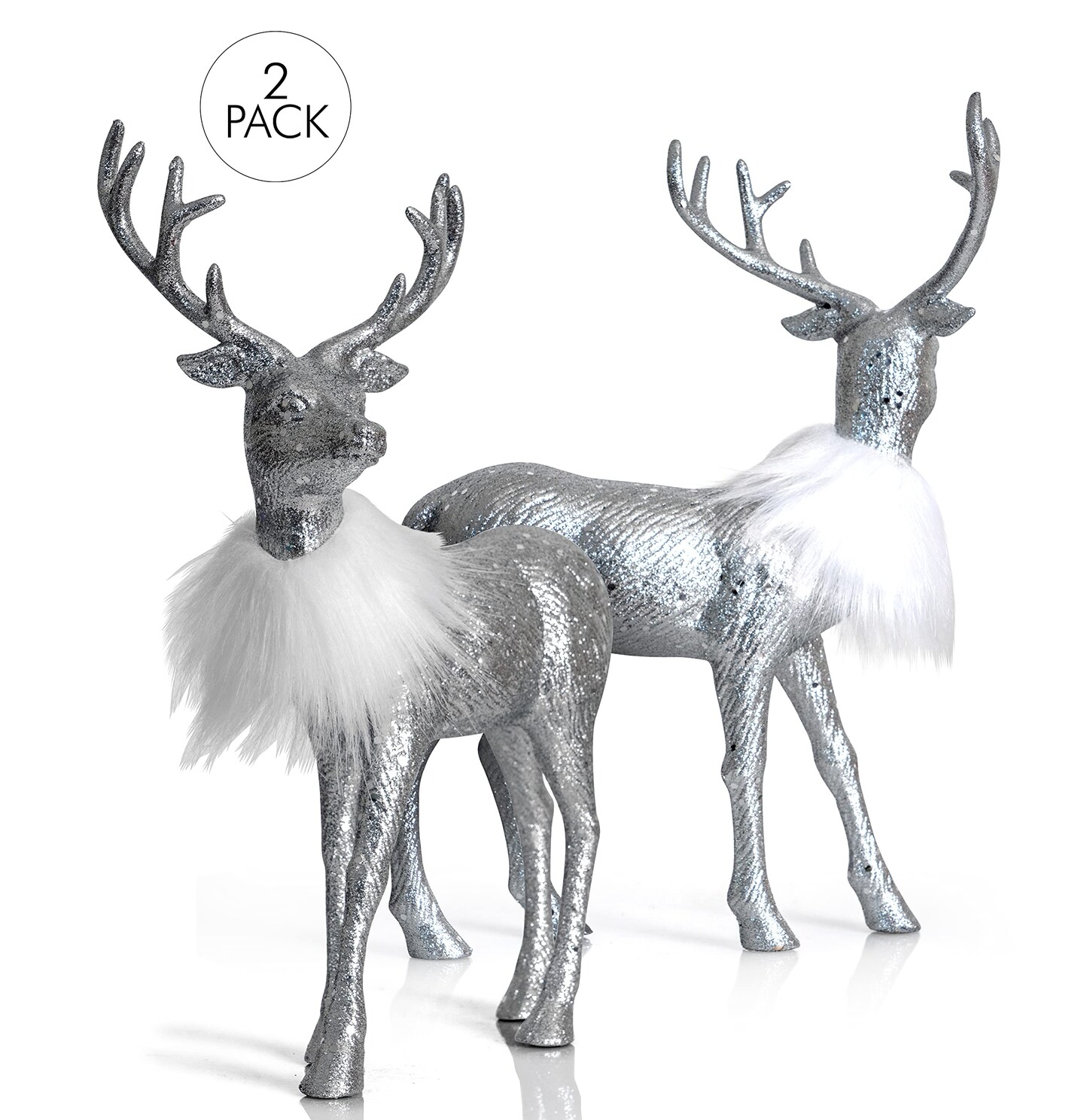 Ornativity Silver Glitter Christmas Reindeer - Holiday Party Deer Figurine Statues Dinner Tabletop Decorations Centerpiece - Pack of 2