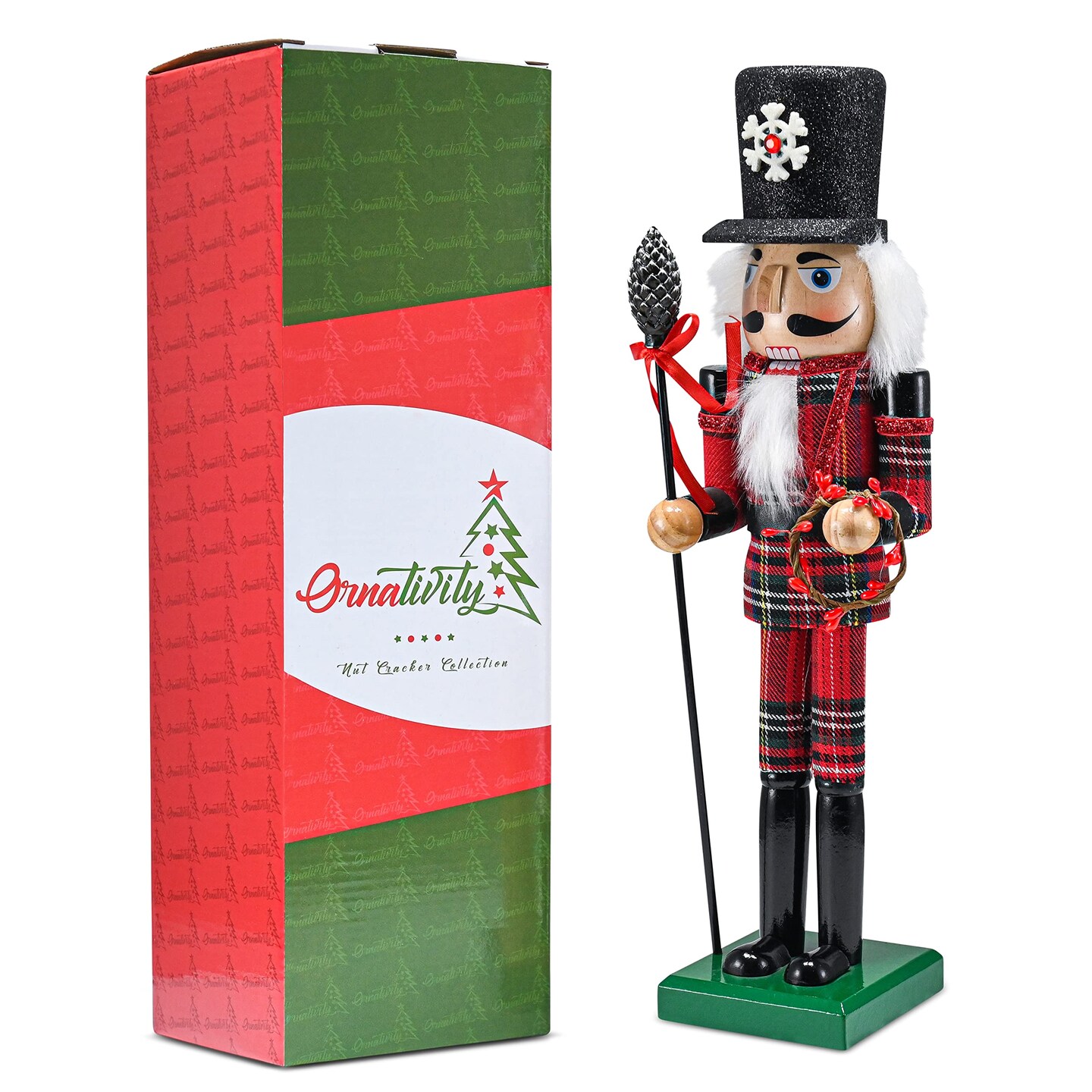 Ornativity Christmas Buffalo Plaid Nutcracker &#x2013; Red and Black Wooden Nutcracker Soldier with an Acorn Staff and Holly Berries Wreath Xmas Themed Holiday Nut Cracker Doll Figure Decorations