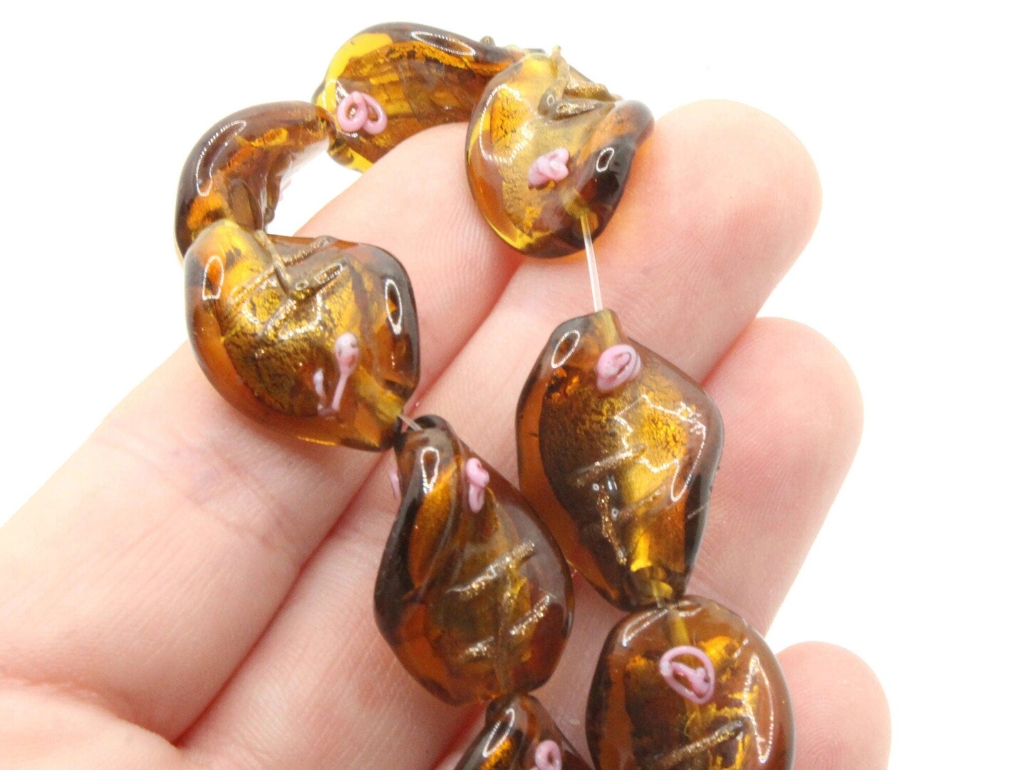 10 20mm Brown with Pink and Green Flower Lampwork Glass Flat Oval Twist Beads