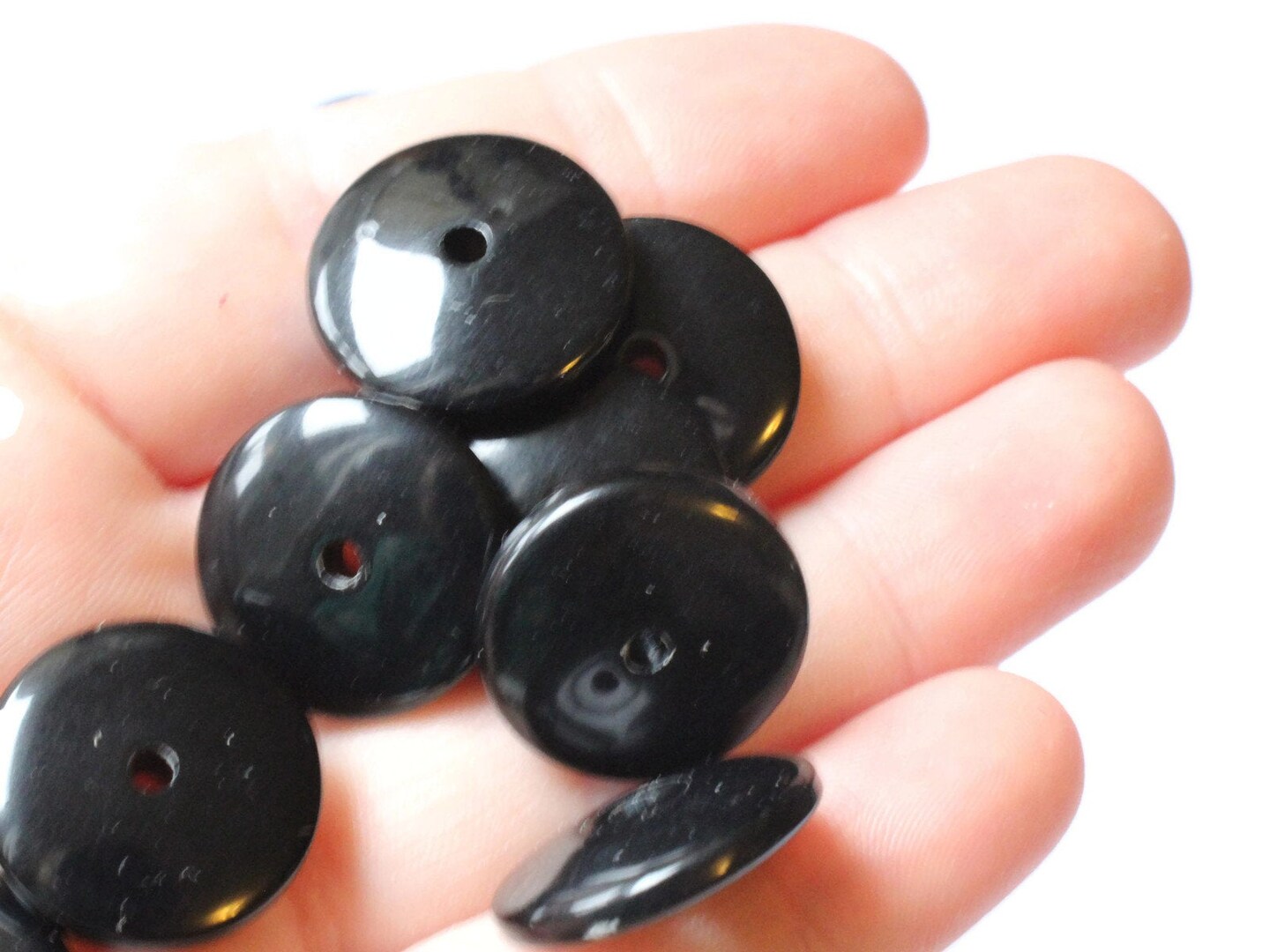 15 18mm Jet Black Vintage Plastic Saucer Beads Loose Flat Disc Beads