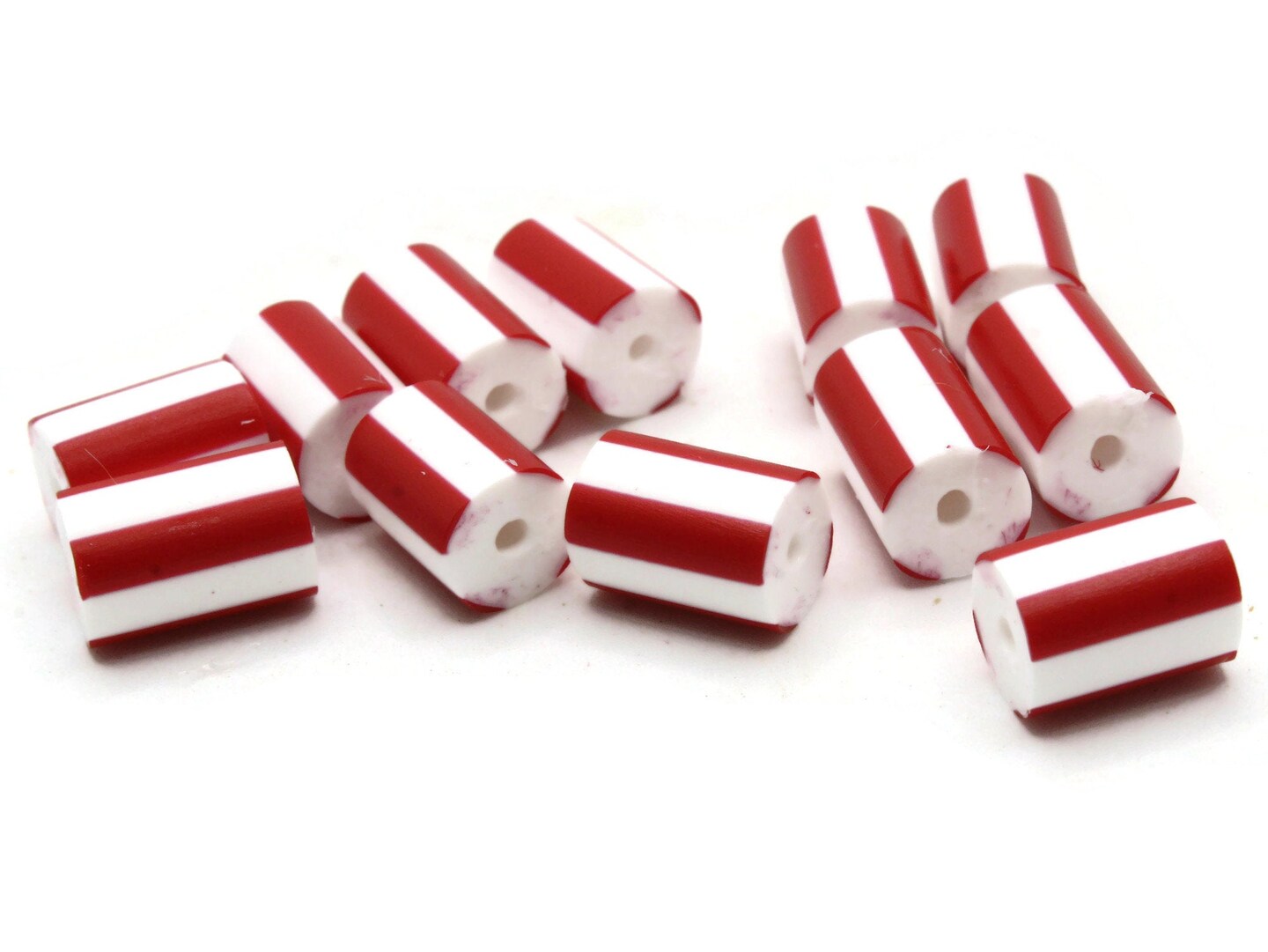 12 12mm to 14mm Red and White Striped Vintage Plastic Tube Beads