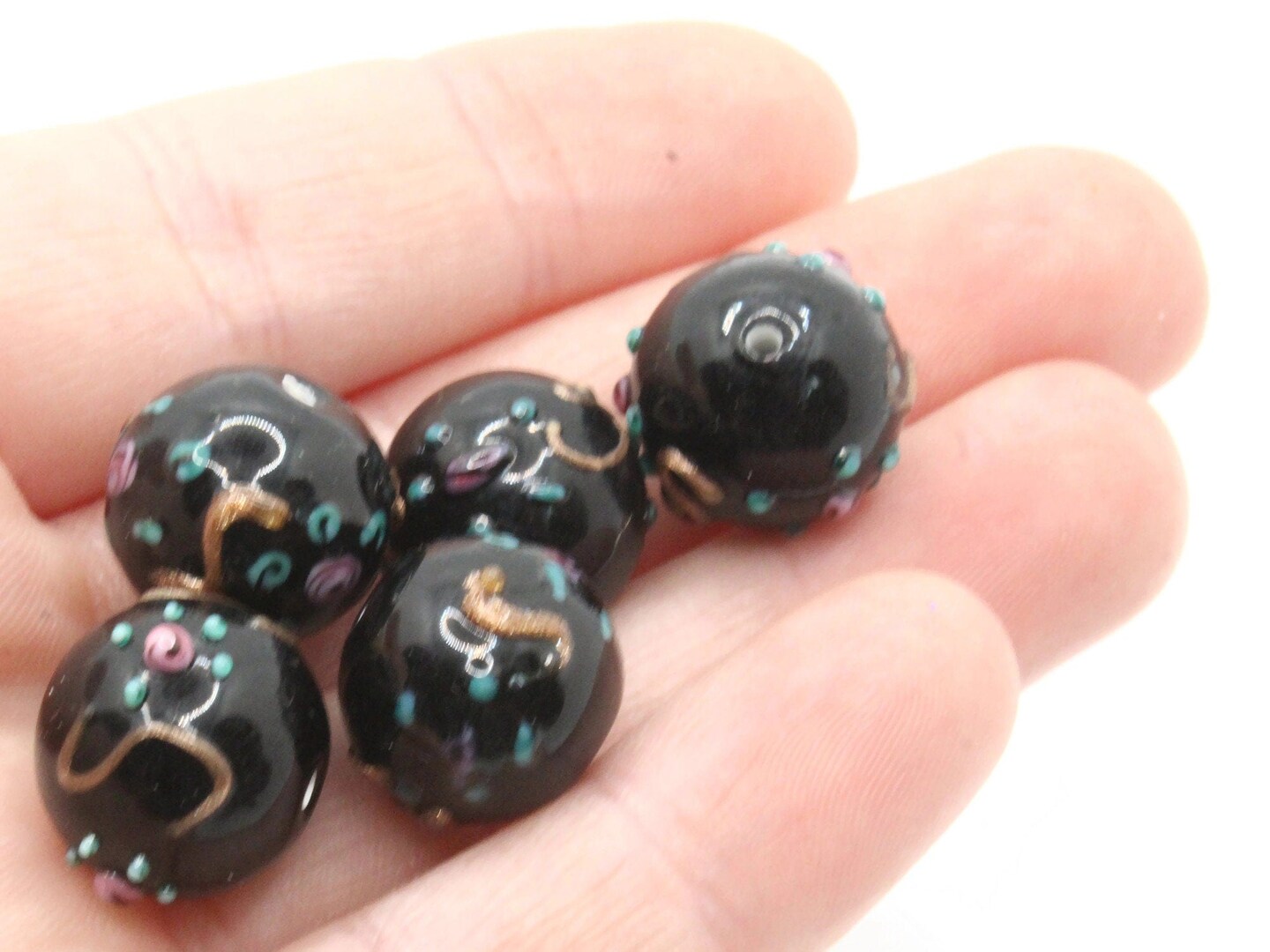 5 14mm Round Black Floral Lampwork Glass Multi-color Wedding Cake Beads
