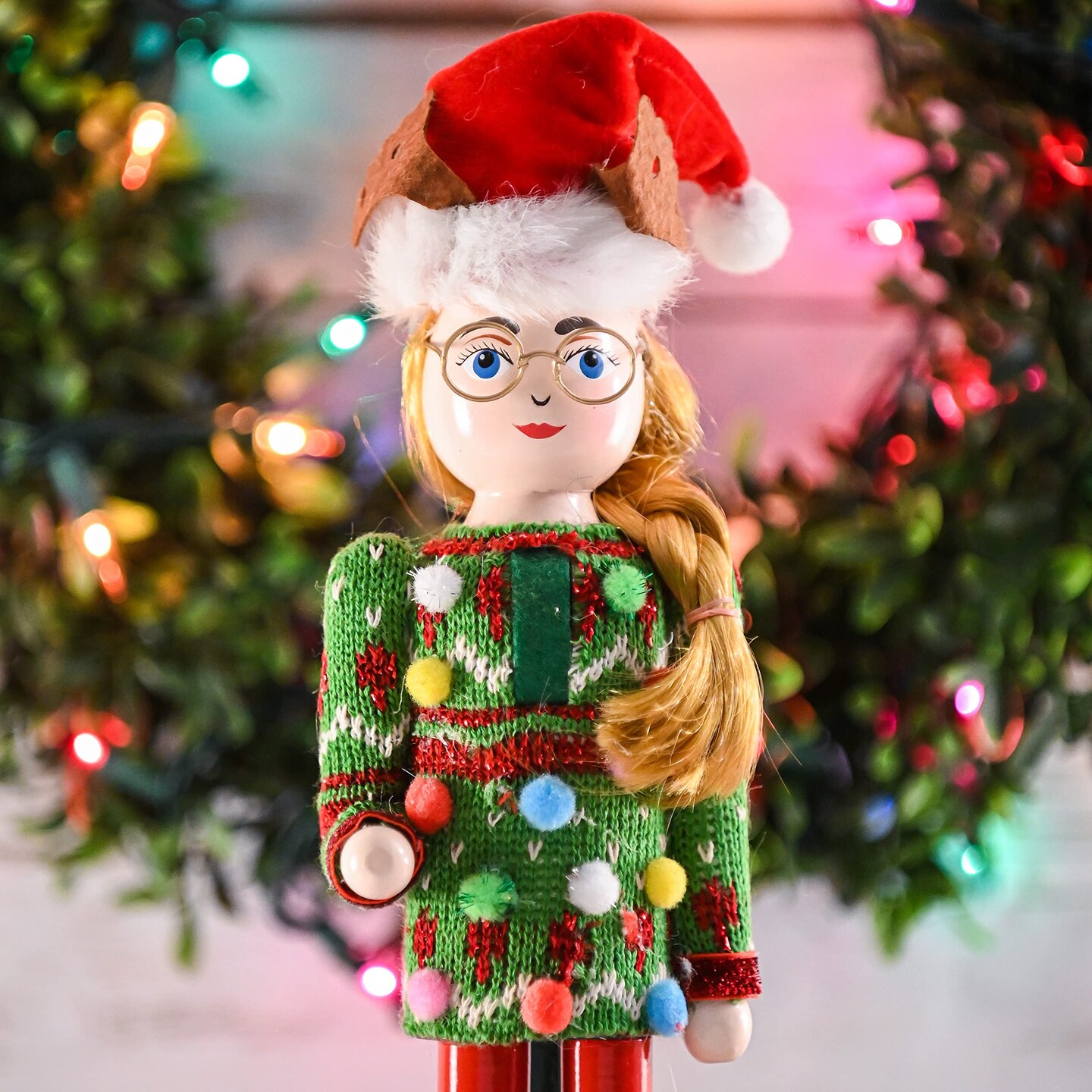 Ornativity Christmas Ugly Sweater Nutcracker &#x2013; Red and Green Wooden Nutcracker Woman with an Ugly Sweater and Reindeer Hat Xmas Themed Holiday Nut Cracker Doll Figure Decorations