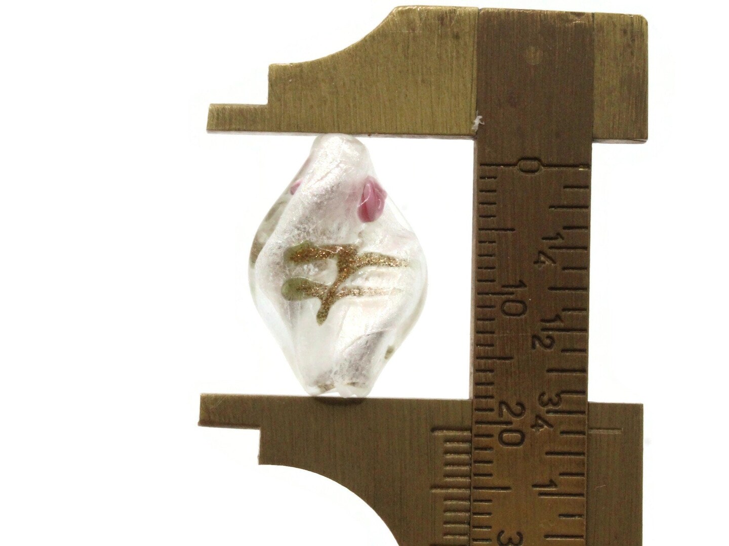 10 20mm White with Pink and Green Flower Lampwork Glass Flat Oval Twist Beads