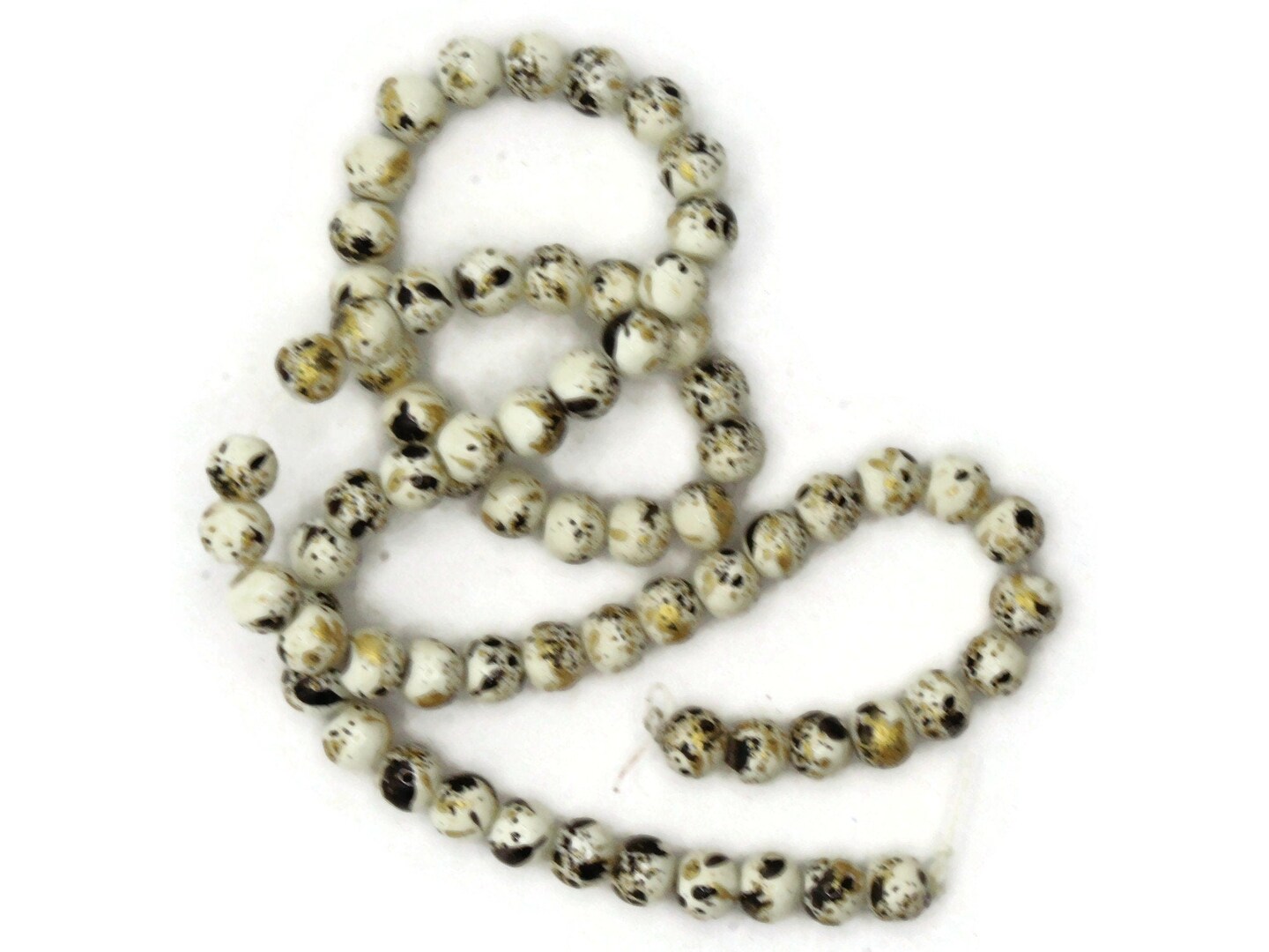 68 6mm Ivory, Gold and Black Splatter Paint Smooth Round Glass Beads