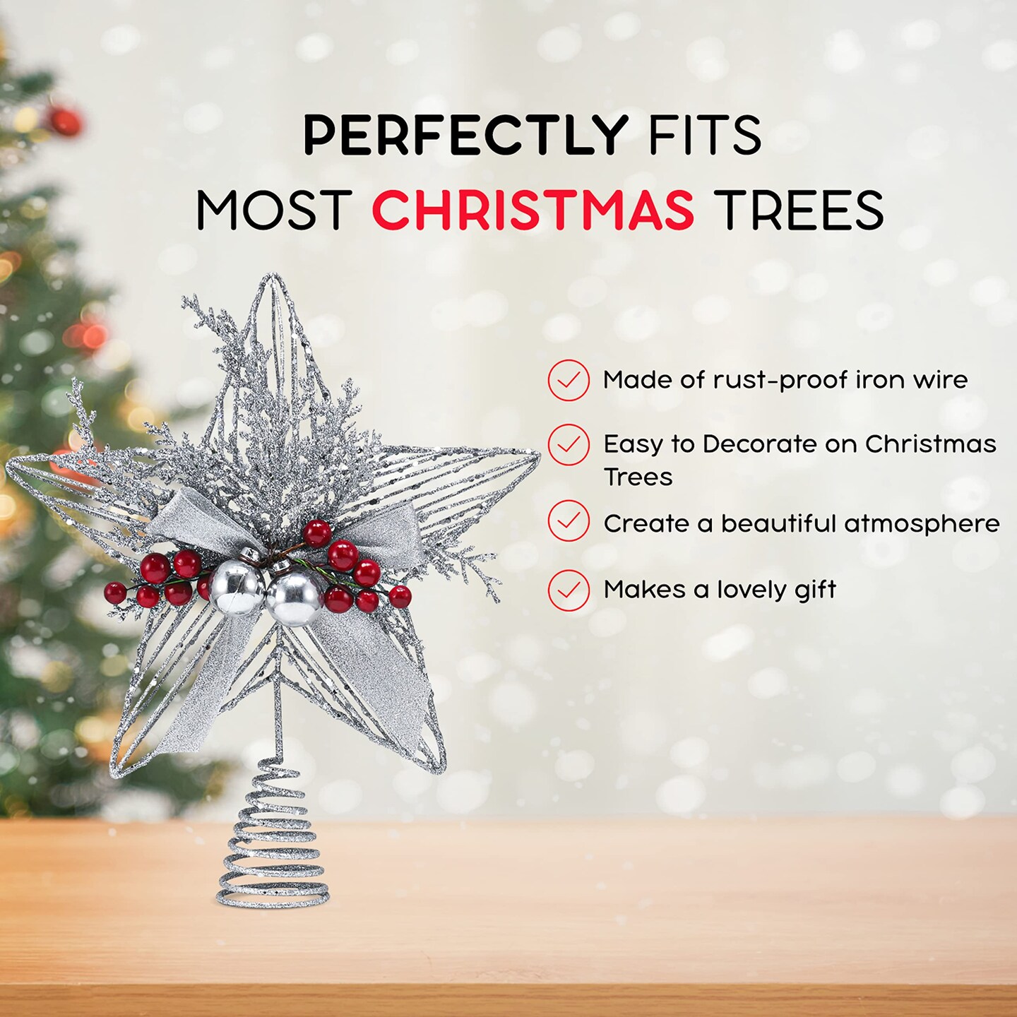 Ornativity Silver Star Tree Topper - Christmas Glitter Silver Star Holiday Tree Top Decoration with Silver Bells and Mistletoe and Red Berries