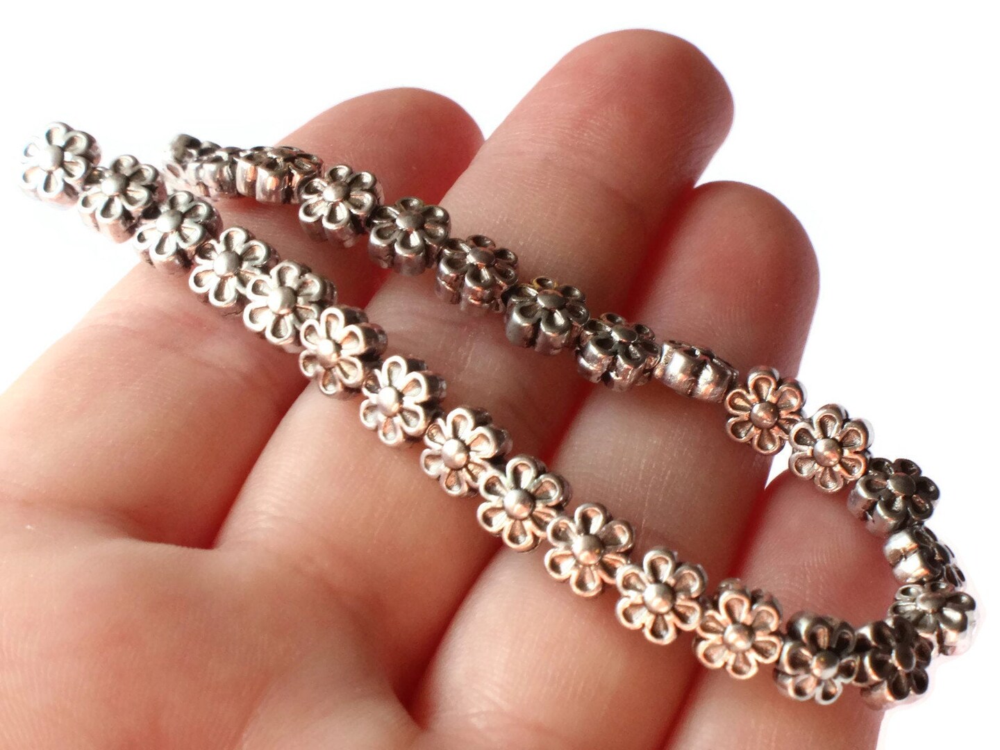 35 6.5mm Silver Six Petal Flower Metal Beads 8 Inch Strand