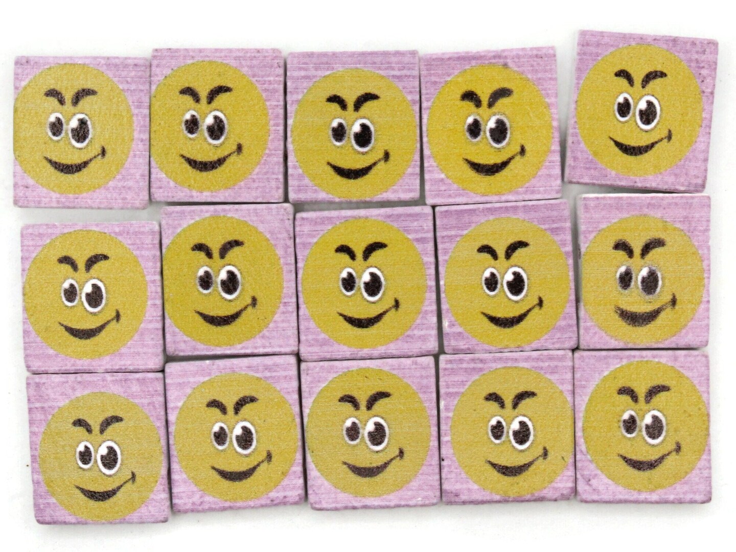 15 20mm Purple and Yellow Wooden Rectangle Happy Face Beads - Two Hole Emoji Beads