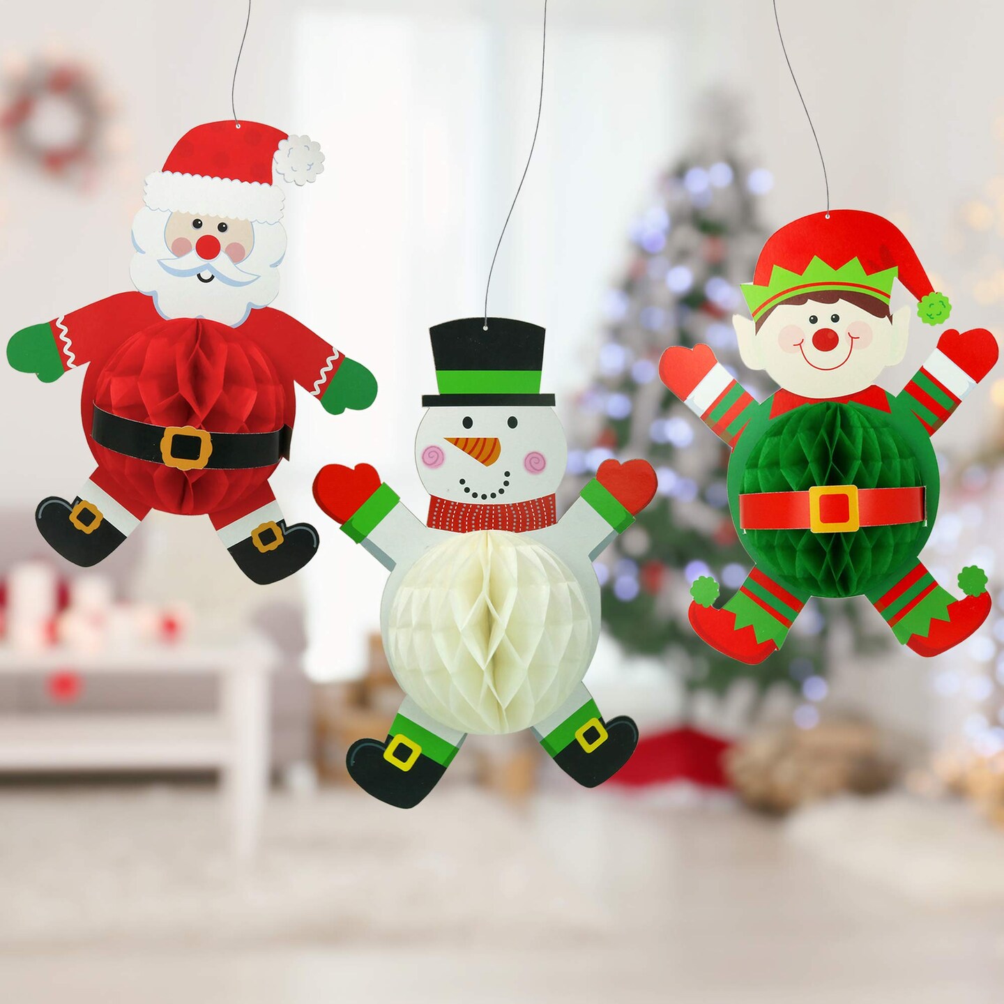 Big Mo's Toys Hanging Decorations - Santa Jester and Snowman Honeycomb Christmas Home Decor - 3 Pieces