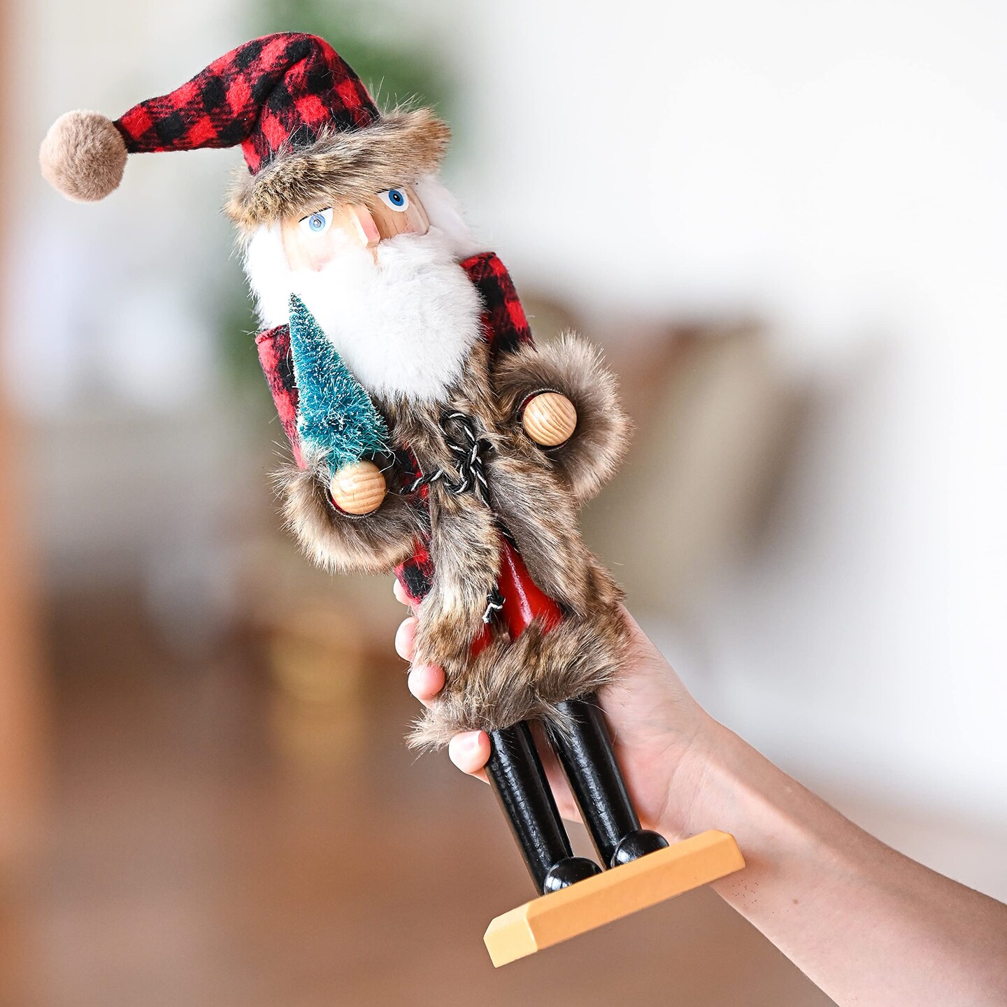 Ornativity Christmas Nostalgic Santa Nutcracker – Red and Black Wooden Nutcracker Man with Buffalo Plaid Coat with Brown Fur Holding a Xmas Tree Themed Holiday Nut Cracker Doll Figure Decorations
