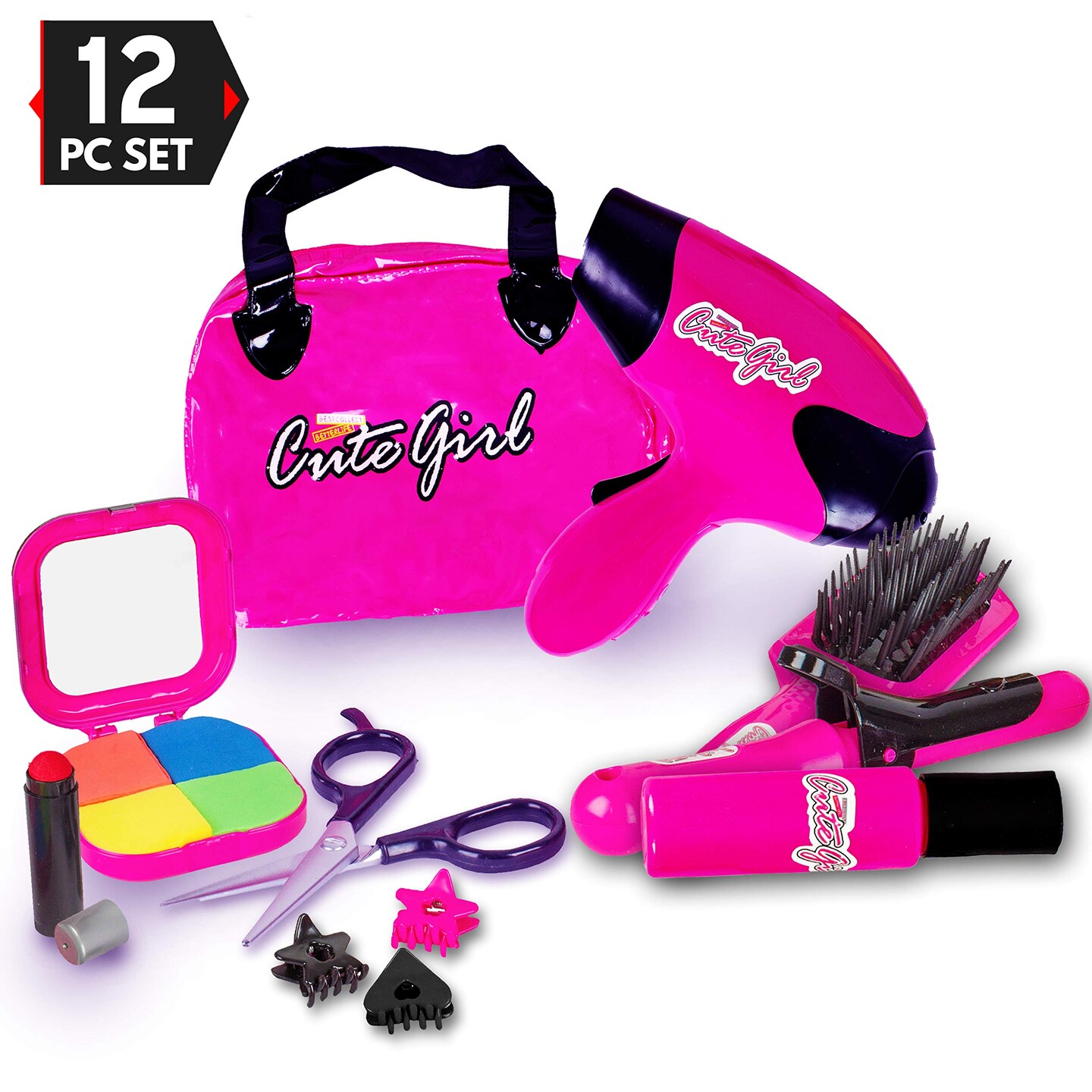 MEGAFUN Little Girls Beauty Hair Salon Toy Kit with Toy Hairdryer, Mirror &  Other Accessories, Fashion Pretend Makeup Set for Kids