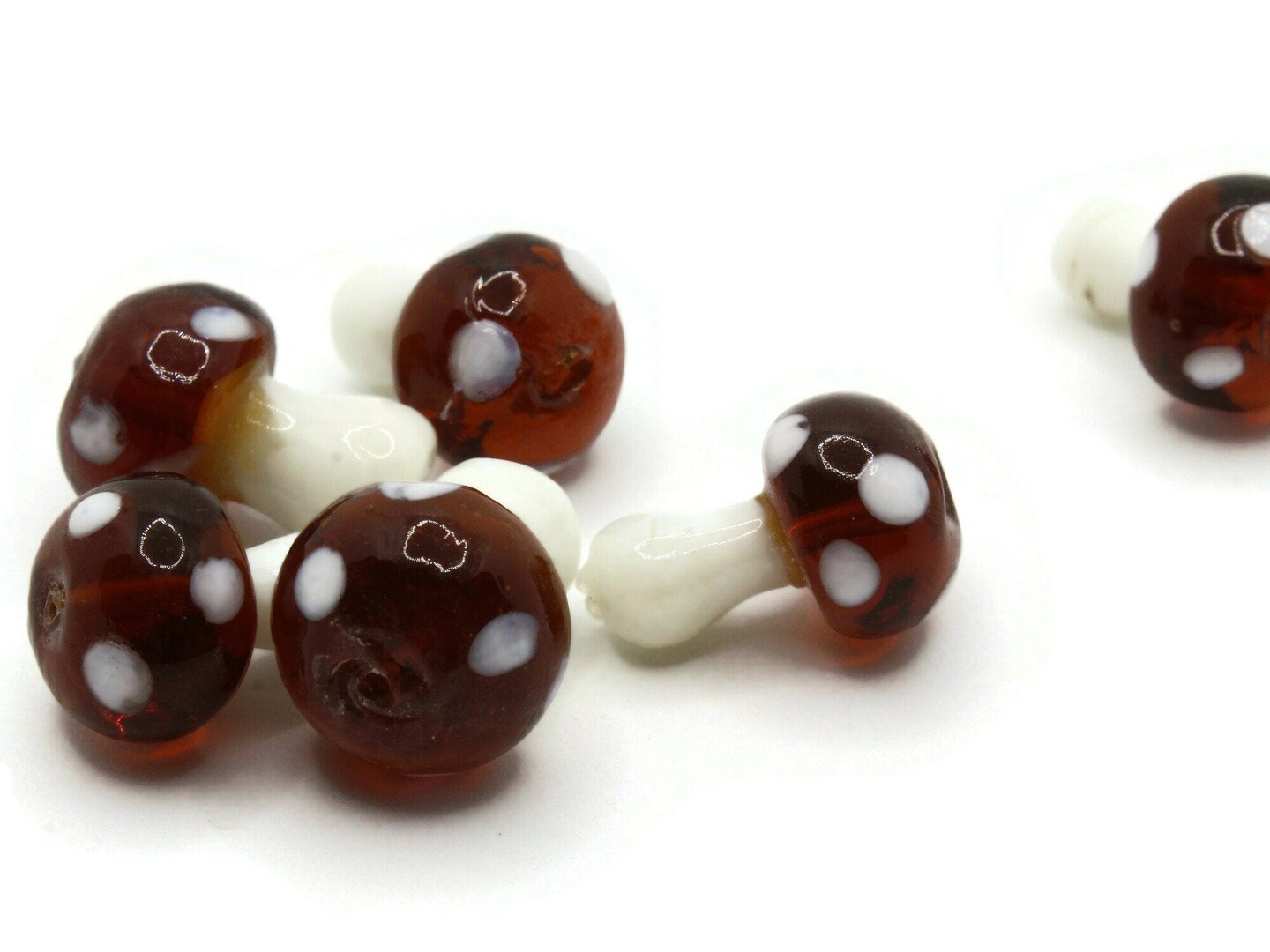 6 19mm Brown and White Polka Dot Mushroom Lampwork Glass Beads