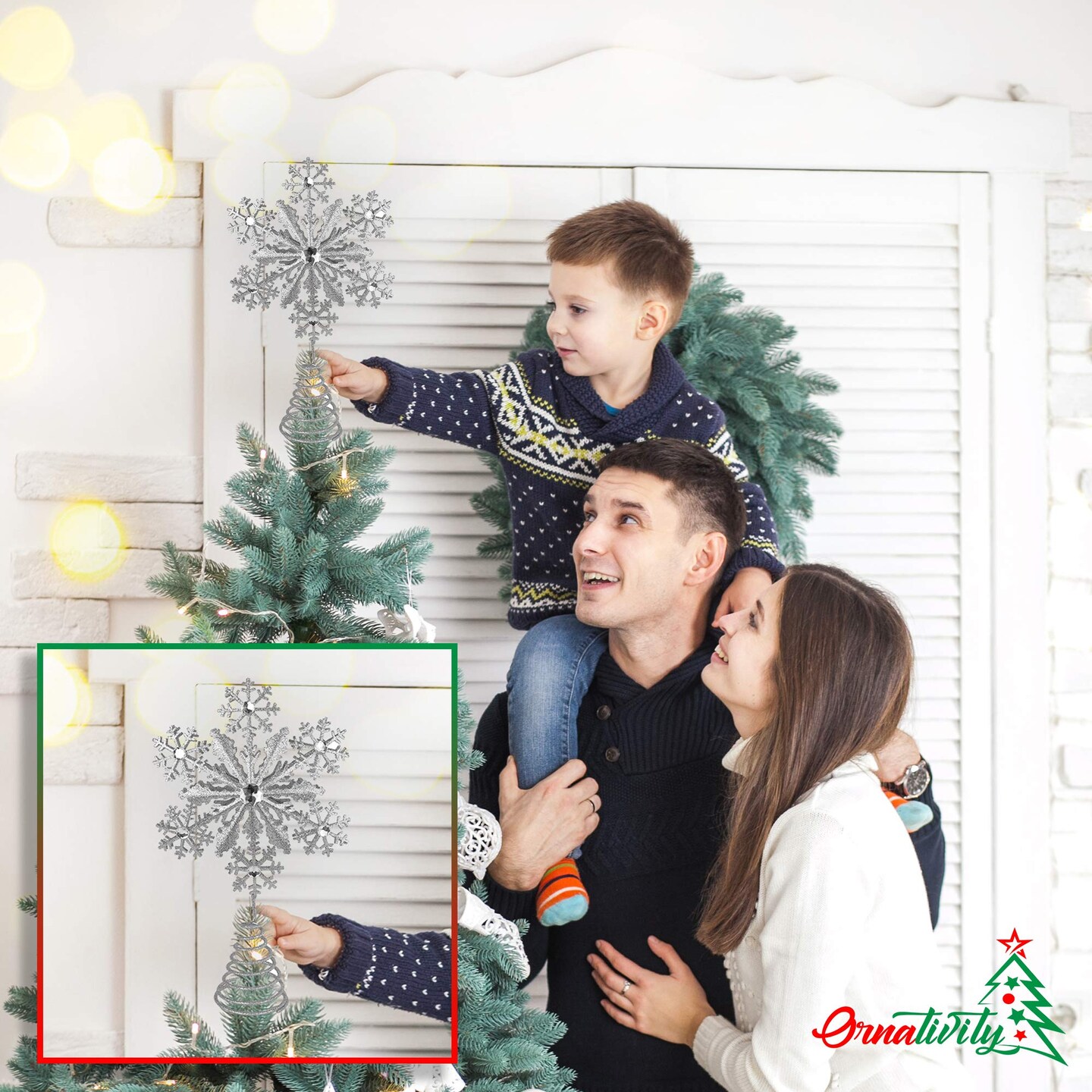 Ornativity Glitter Snowflake Tree Topper - Gold Sparkling Gem Christmas Tree Decoration