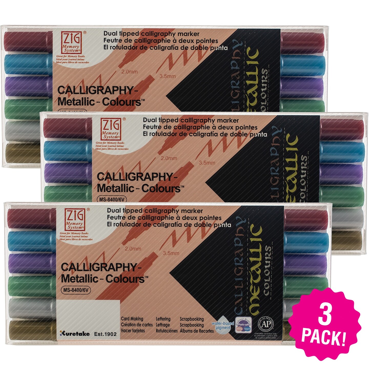 Multipack of 3 - ZIG Memory System Calligraphy Dual-Tip Markers 6/Pkg-Metallic