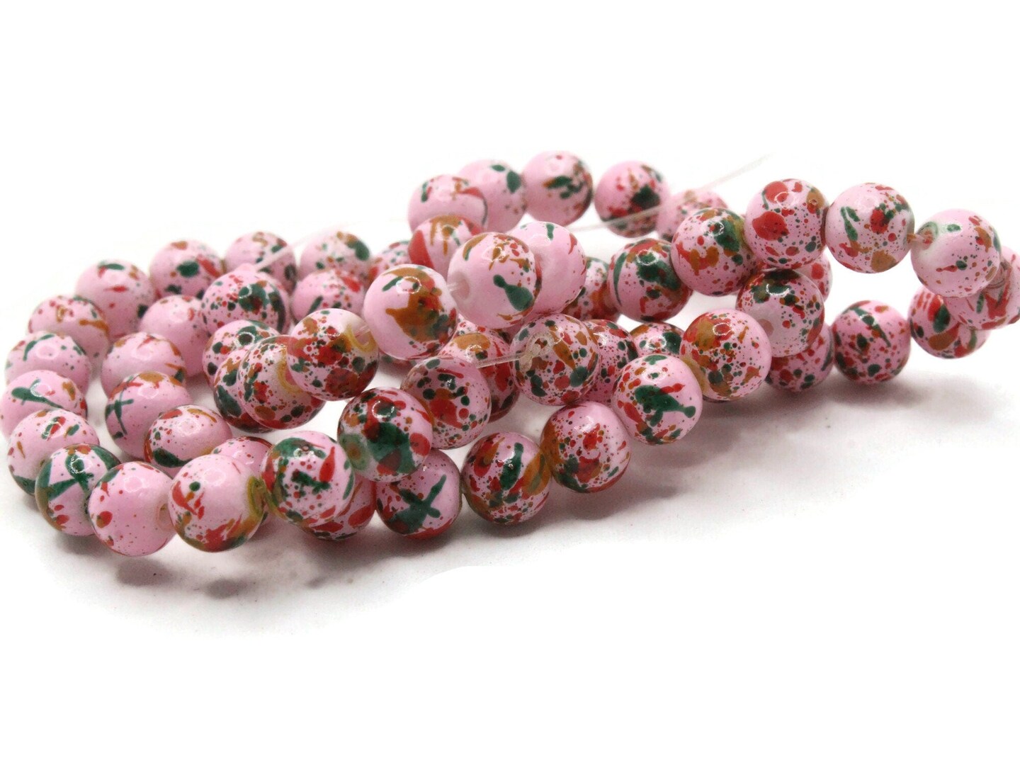 68 6mm Pink Red and Green Splatter Paint Round Glass Beads