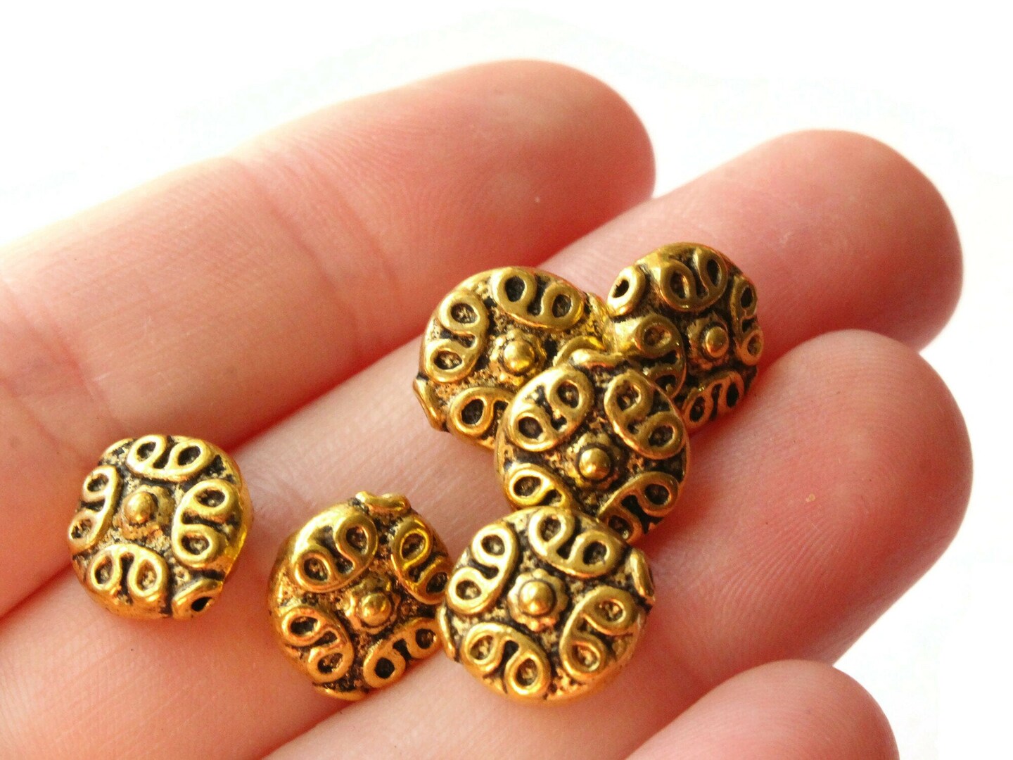 6 12mm Antique Golden Patterned Coin Beads with Rim