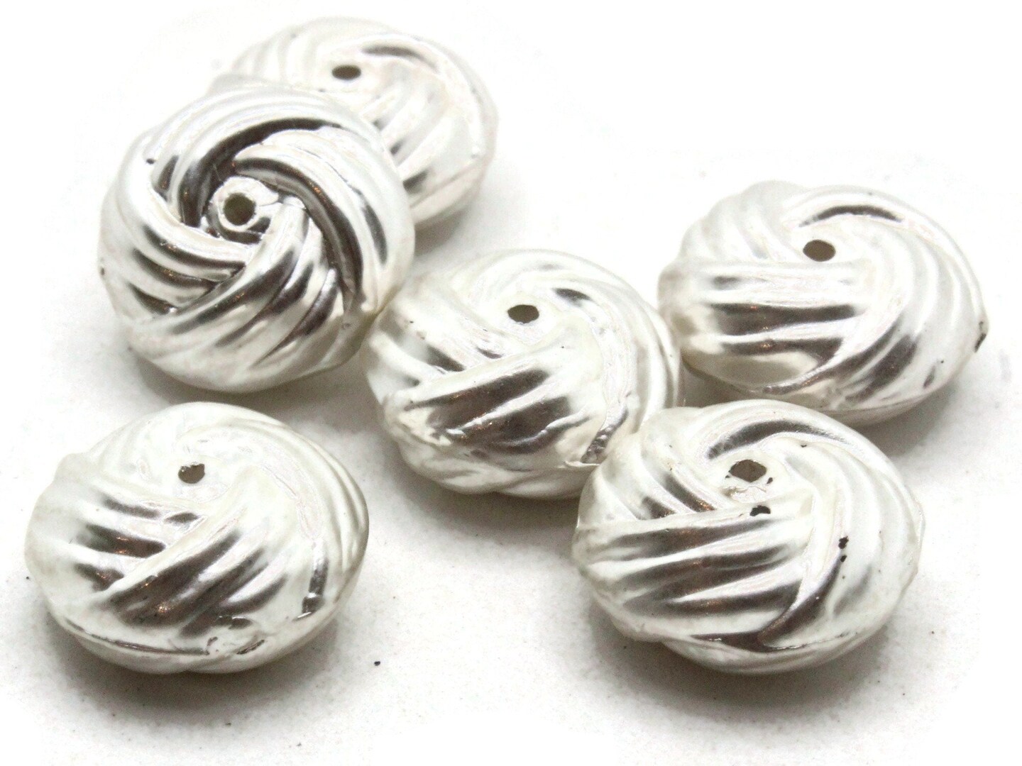 6 14mm Patterned Rondelle Silver Plated Plastic Vintage Beads