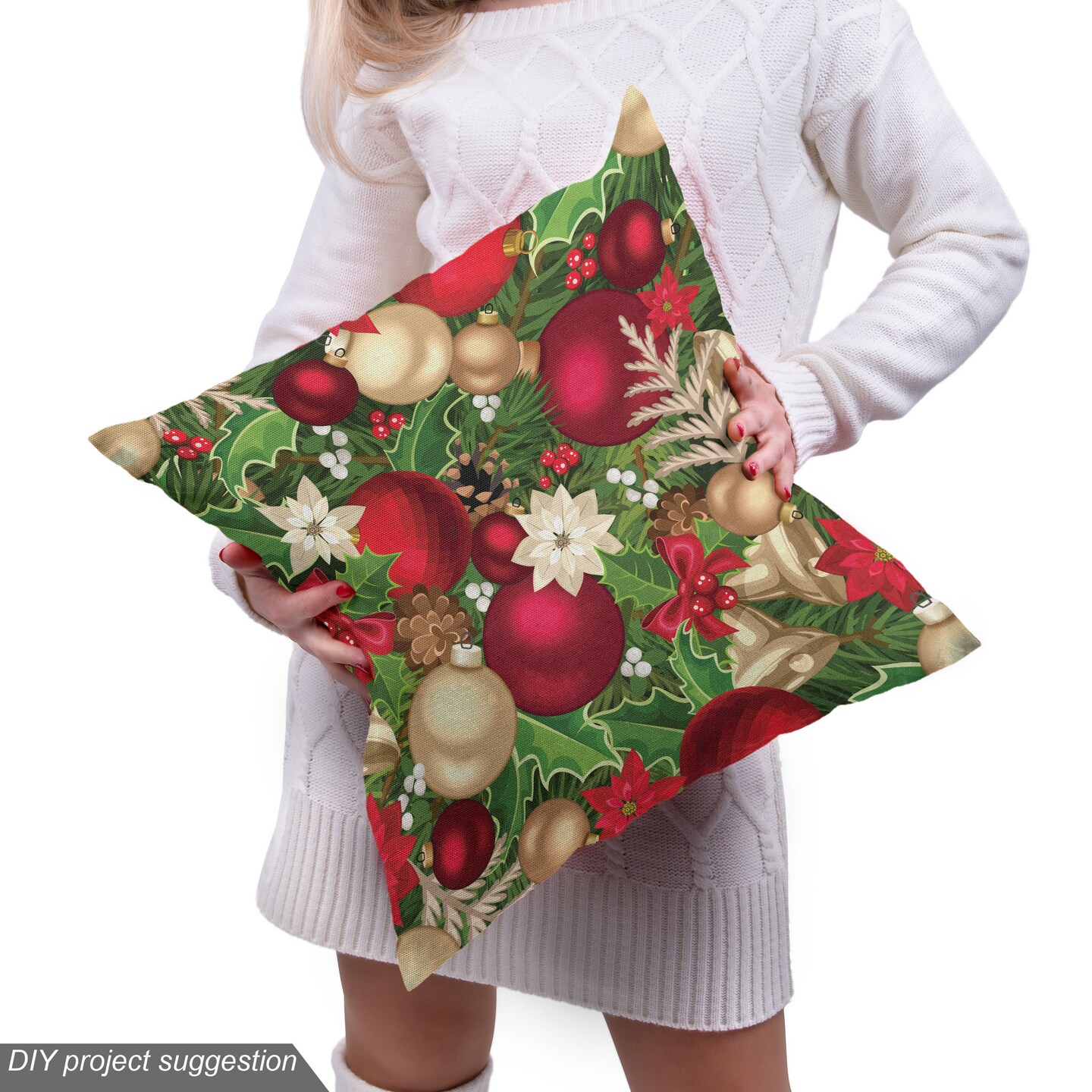 Ambesonne Christmas Fabric by the Yard, Tree Branches Spruce Leaves Balls Bells Cones Poinsettia Flowers Mistletoe Berry, Decorative Fabric for Upholstery and Home Accents, 3 Yards, Ruby Green