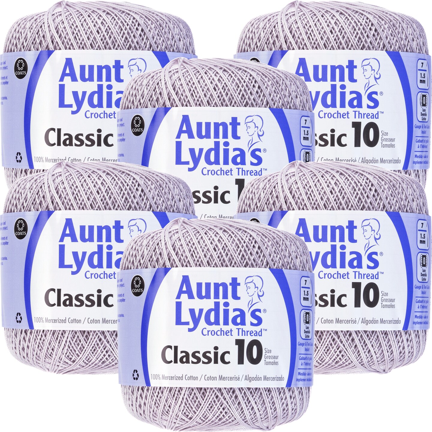 Multipack of 6 - Aunt Lydia's Classic Crochet Thread Size 10-Silver