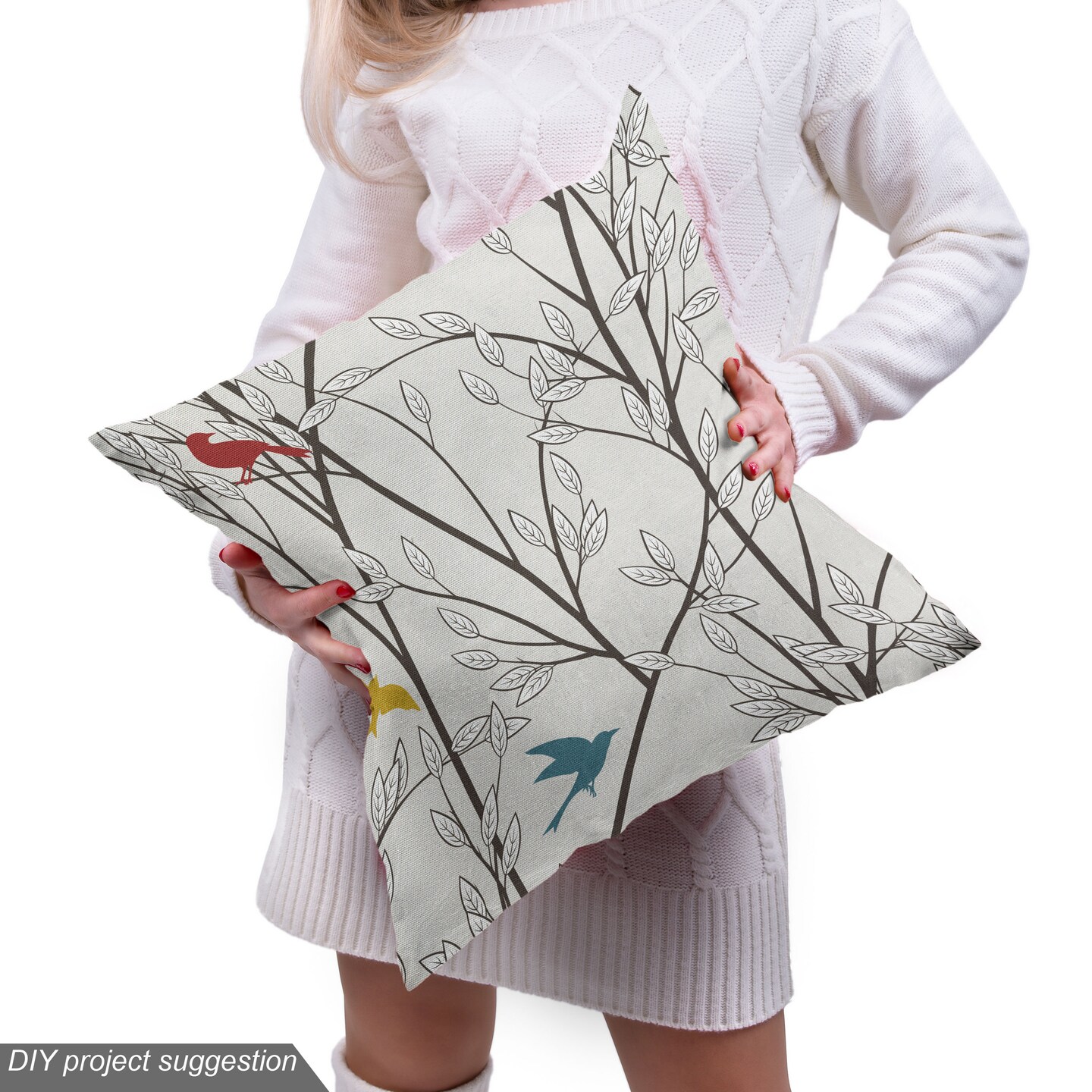 Ambesonne Nature Fabric by the Yard, Birds Wildlife Cartoon Like Image with Tree Leaf Art Print, Decorative Fabric for Upholstery and Home Accents, 1 Yard, Mustard Maroon