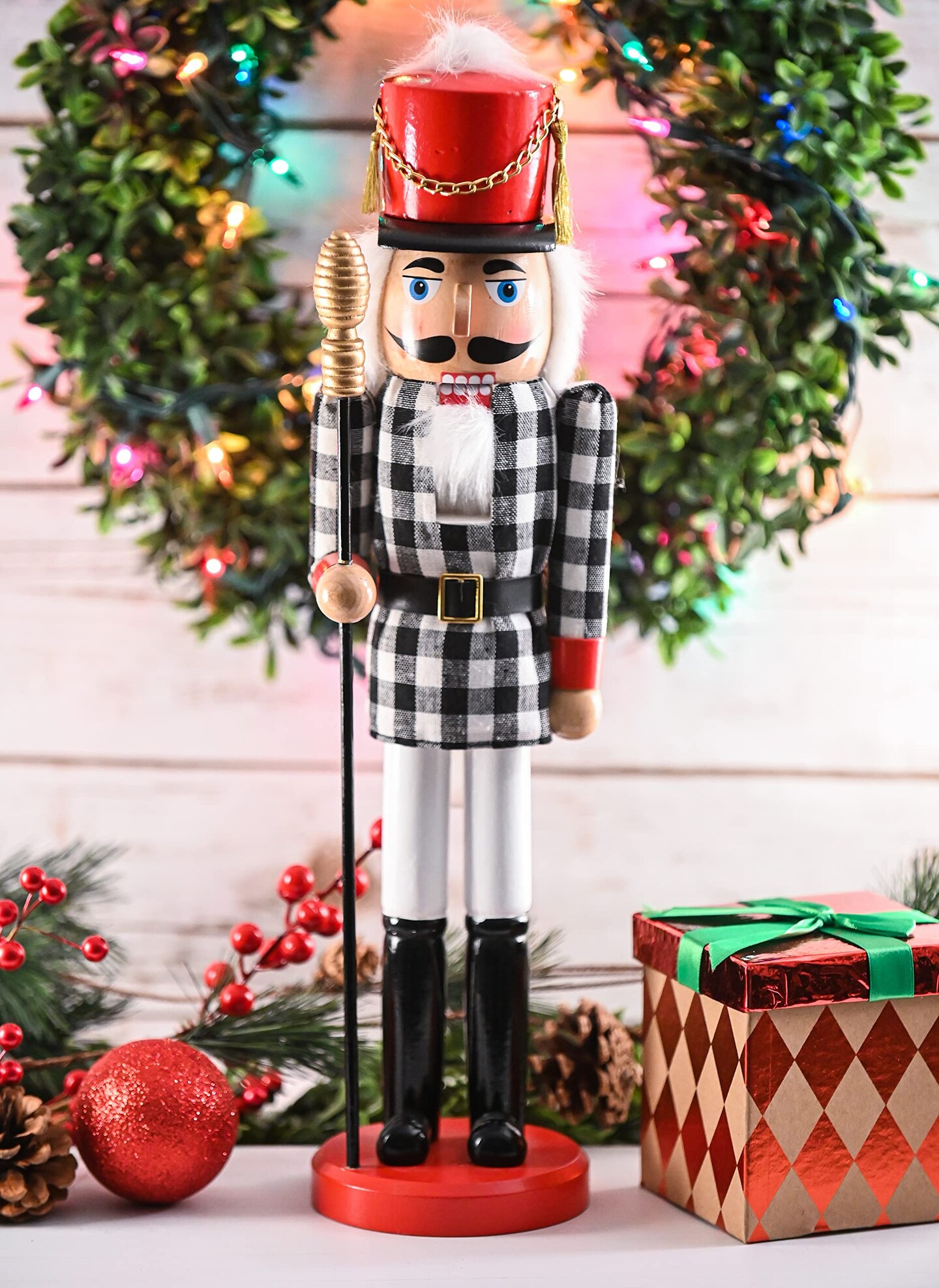 Ornativity Christmas Checkered Soldier Nutcracker – Black and White Wooden Nutcracker Toy Soldier Knight with a Staff in Hand Xmas Themed Holiday Nut Cracker Doll Figure Decorations