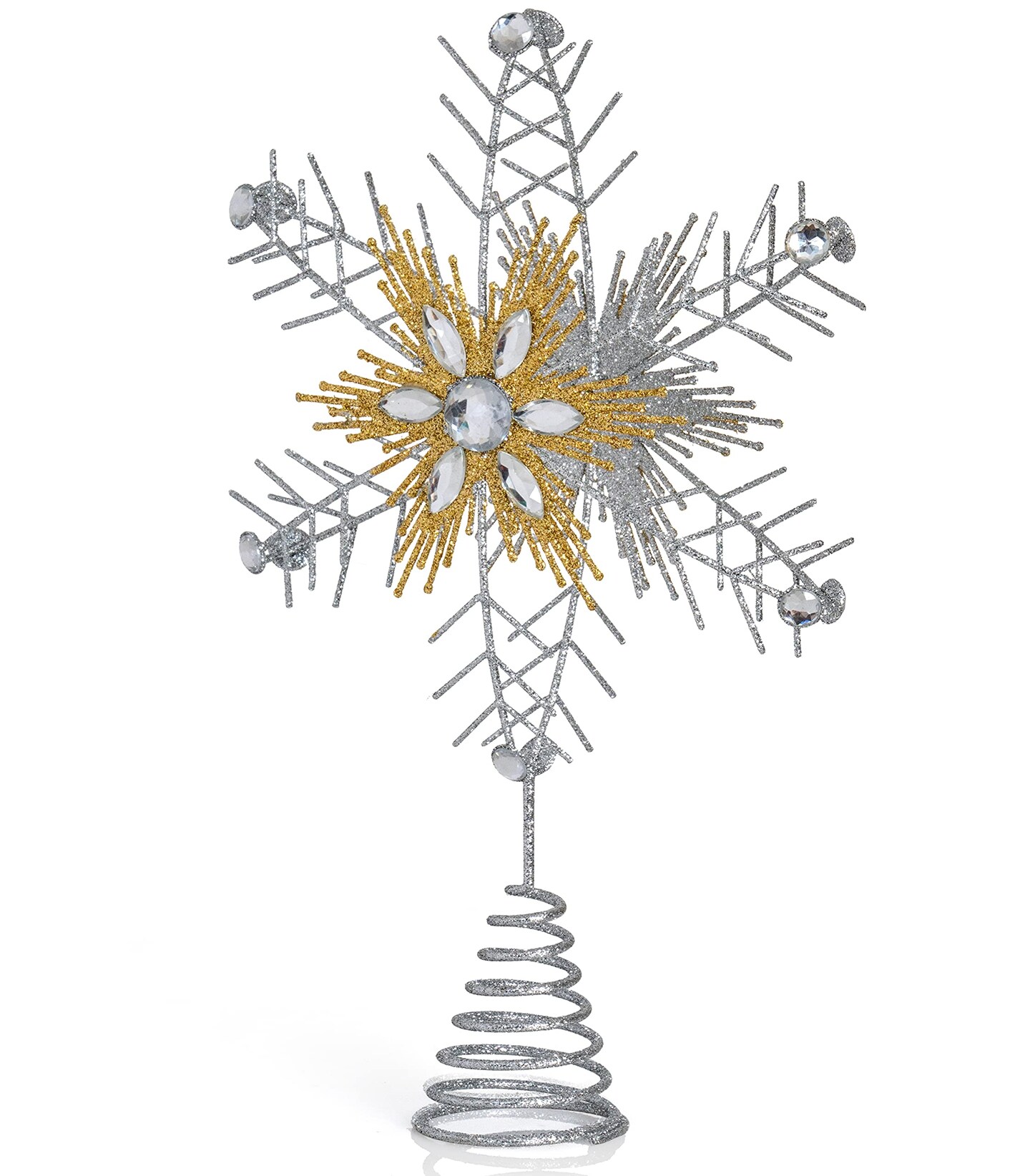Ornativity Glitter Snowflake Tree Topper – Silver and Gold Bare Branches Styled Sparkling Gem Detailed Christmas Star Tree Top Ornament Decorations