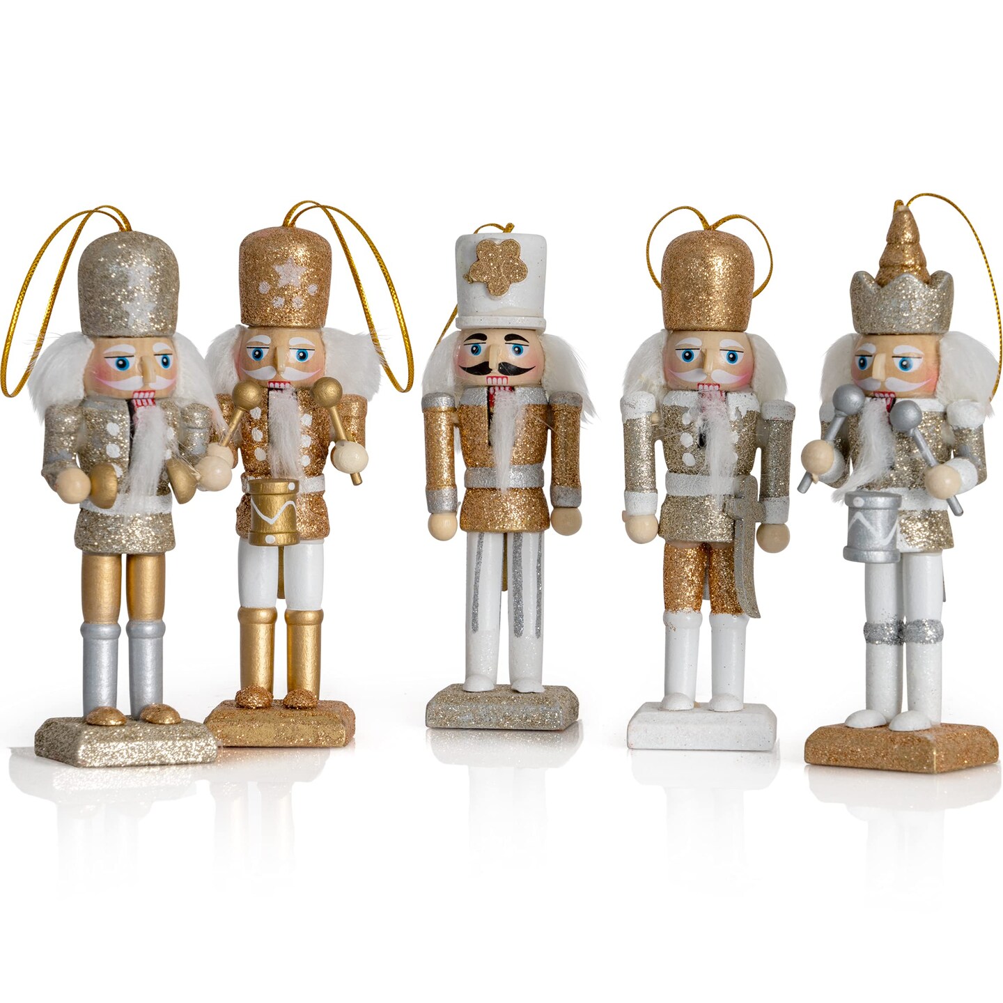 Ornativity Nutcracker Hanging Ornament Figures – Gold and Silver Glittered Christmas Mini Wooden King and Soldier Nutcrackers Xmas Tree Ornament Set – 5 Pieces