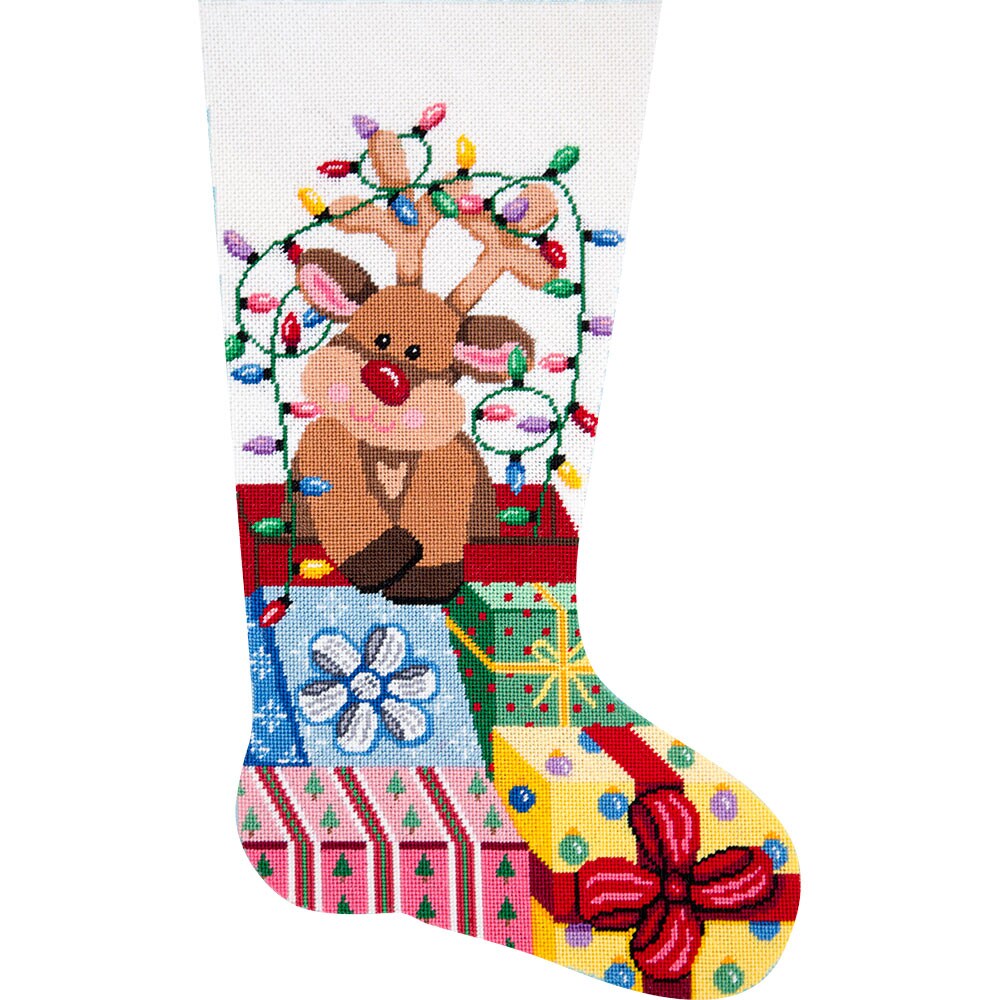 Alice Peterson Home Creations Holiday Edition Needlepoint Stocking Kit- Gift Wrapped Reindeer - Large, Deluxe Size