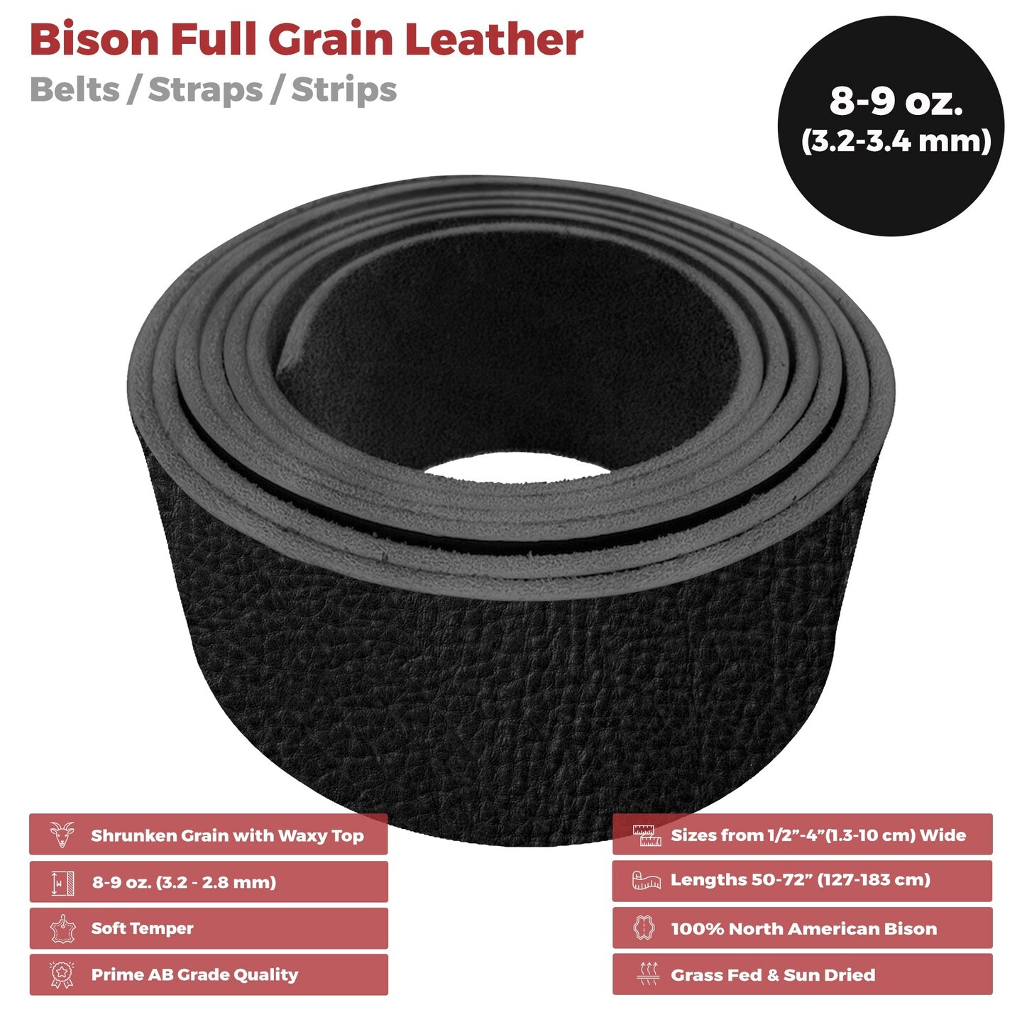 ELW Genuine American Leather Bison 8-9 oz (3.2-3.4mm) Thickness - Straps, Belts, Strips - 84" -  Full Grain Hide DIY Craft Projects, Bag, Chap, Moccasins, Jewelry, Wrapping