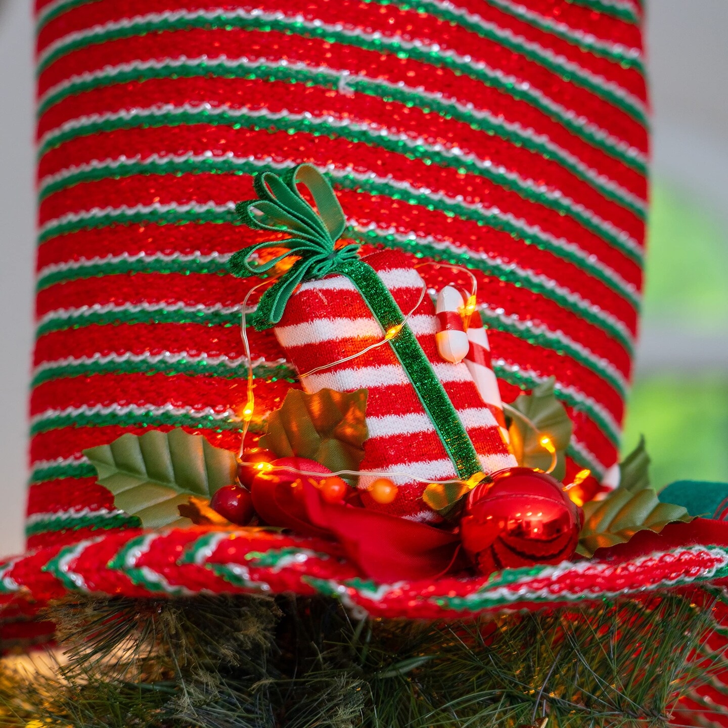 Ornativity Snowman Hat Tree Topper - Snow Man Winter Holiday Top Hat Christmas Tree Top Decoration with Red Ornament Berry Balls, Mistletoe Holly and Candy Decorations and LED Lights