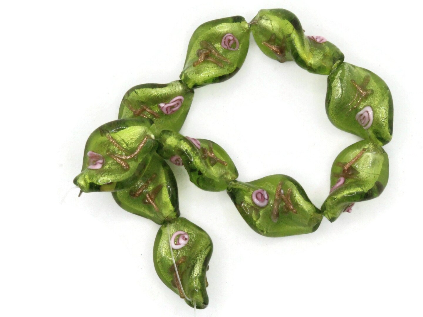 10 20mm Green with Pink and Green Flower Lampwork Glass Flat Oval Twist Beads