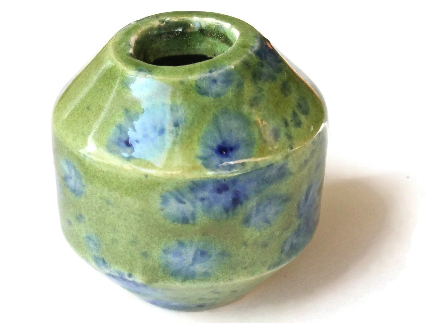 38mm Green with Blue Spots Banded Round Bead Vintage Ceramic Macrame Bead