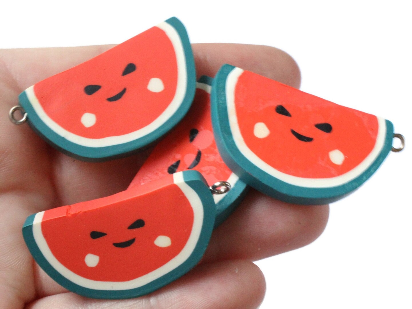 4 40mm Happy Watermelon Beads Sliced Clay Red and Green Fruit Beads