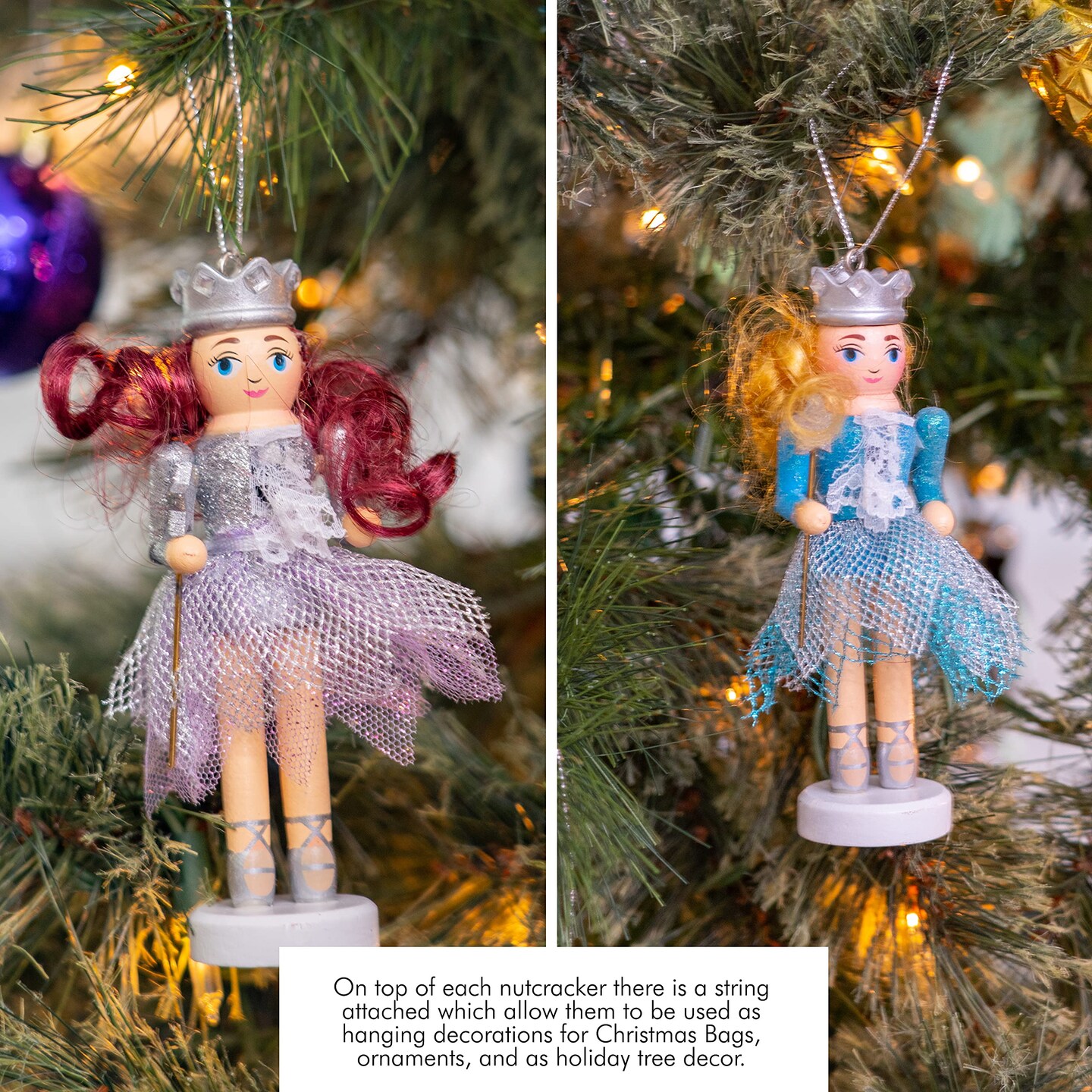 Ornativity Nutcracker Hanging Ornament Figures – Fairy Ballet Dancers Glittered Christmas Mini Wooden Nutcrackers Xmas Tree Ornament Set – 4 Pieces