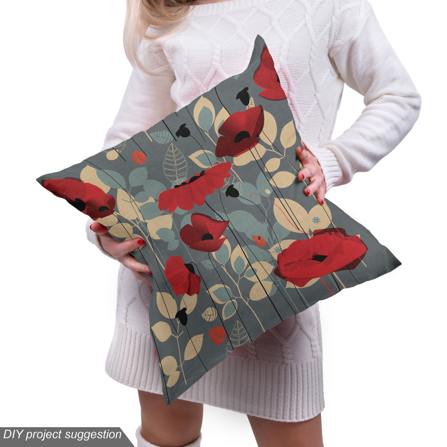 Ambesonne Poppy Flower Fabric by the Yard, Abstraction of a Growing Floral Garden Leaves Botanical Modern Nature, Decorative Fabric for Upholstery and Home Accents, 2 Yards, Grey Red Beige